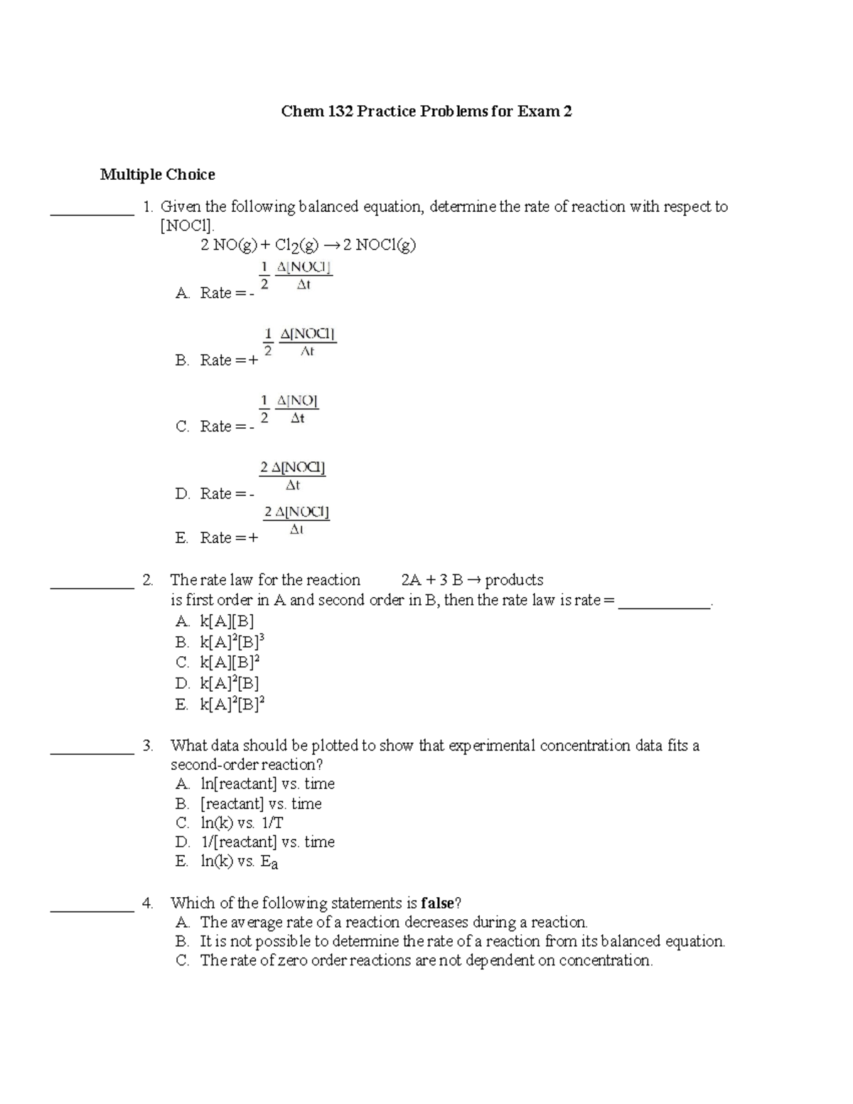 Chem 132 Practice Problems Solutions for Exam 2 - Studocu