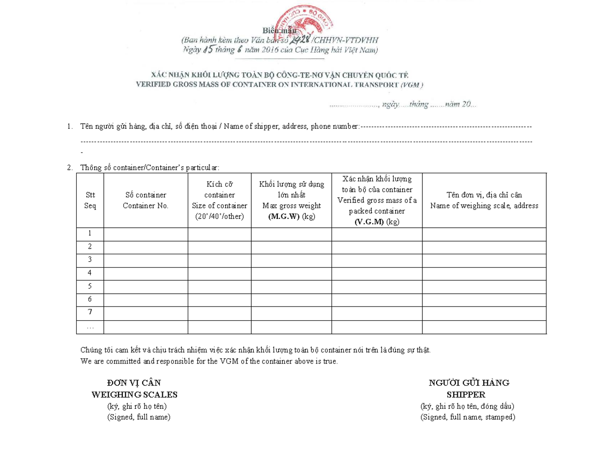 FORM OF VGM - Container Weight Verification Document - Studocu