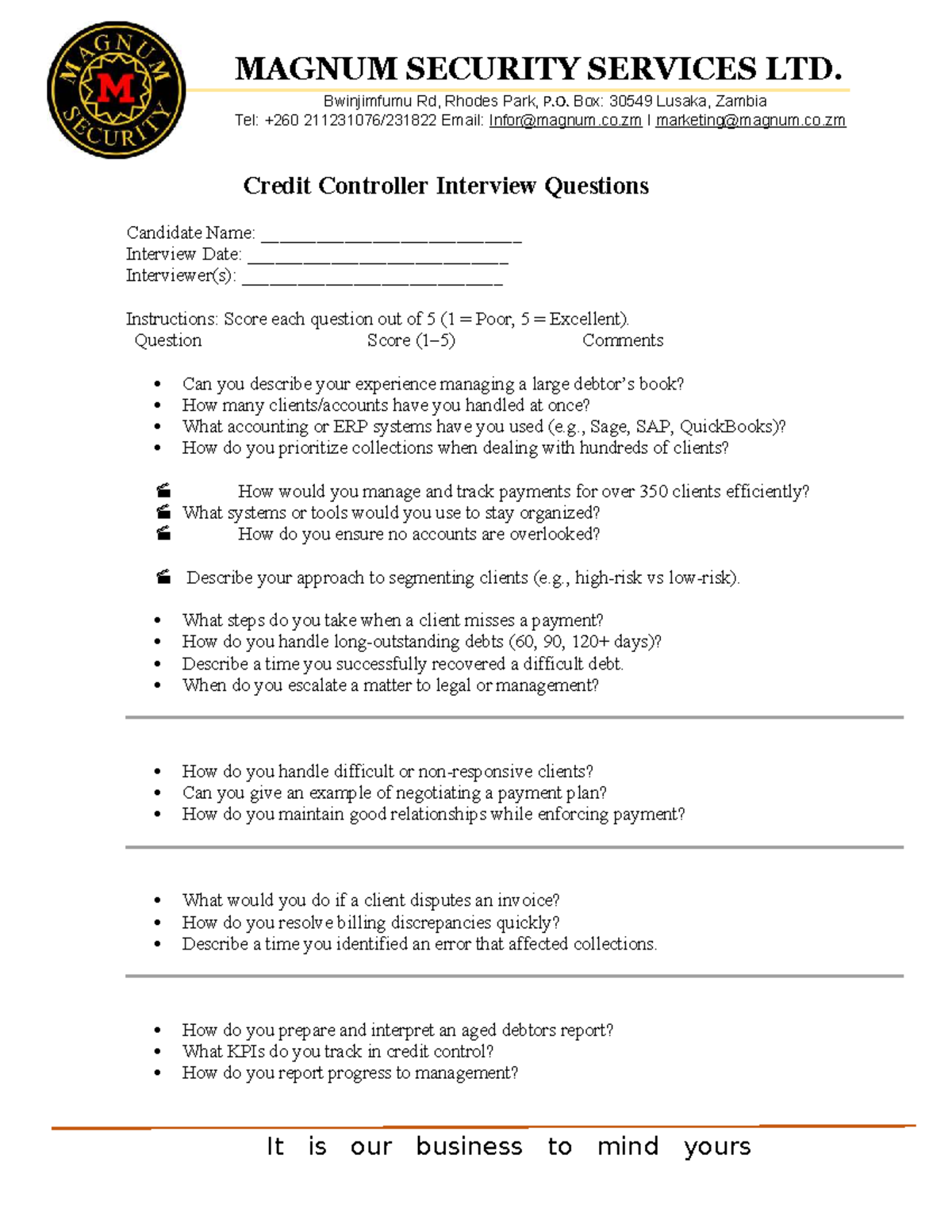 Credit Controller Interview Questions - MAGNUM SECURITY SERVICES LTD ...
