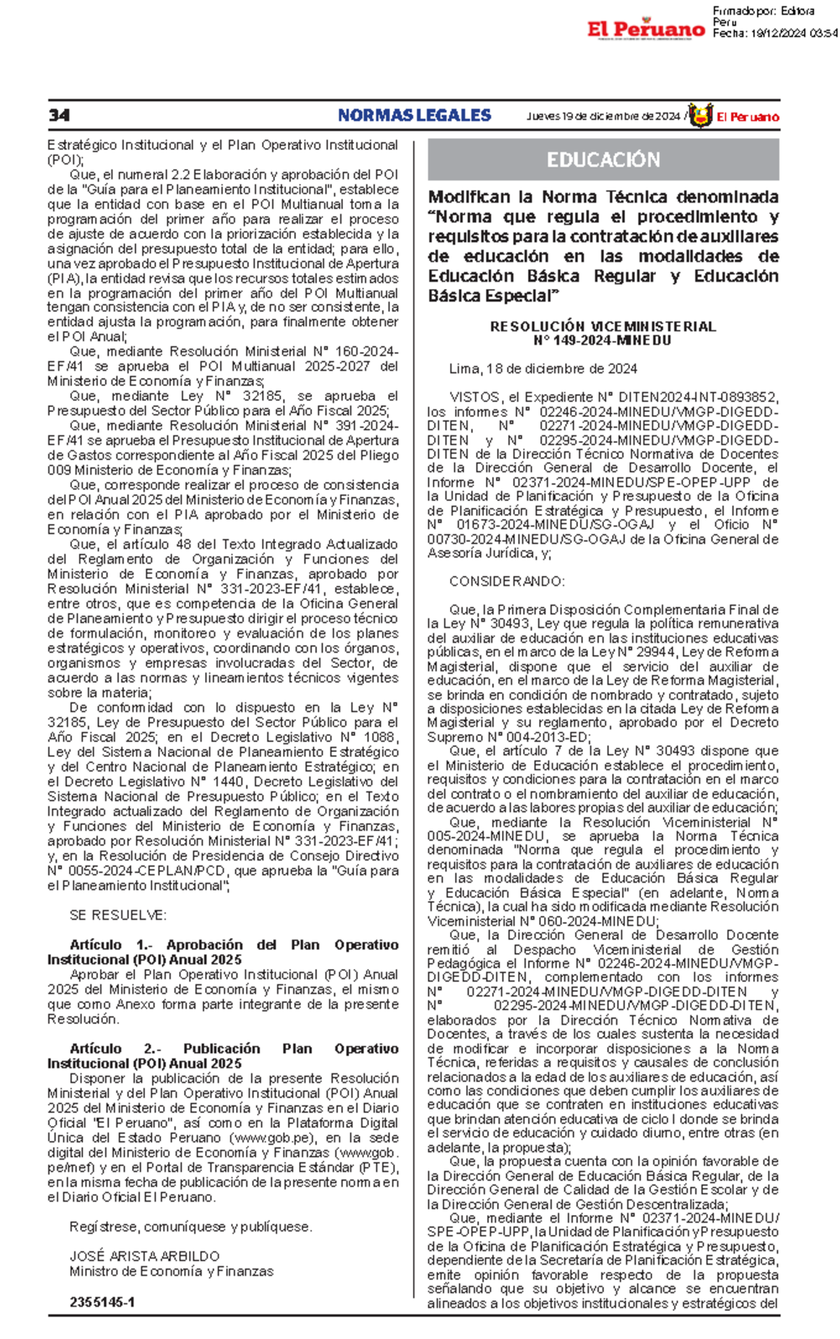 Rvm 149 2024 minedu modifica contratación auxiliares - 34 NORMAS ...