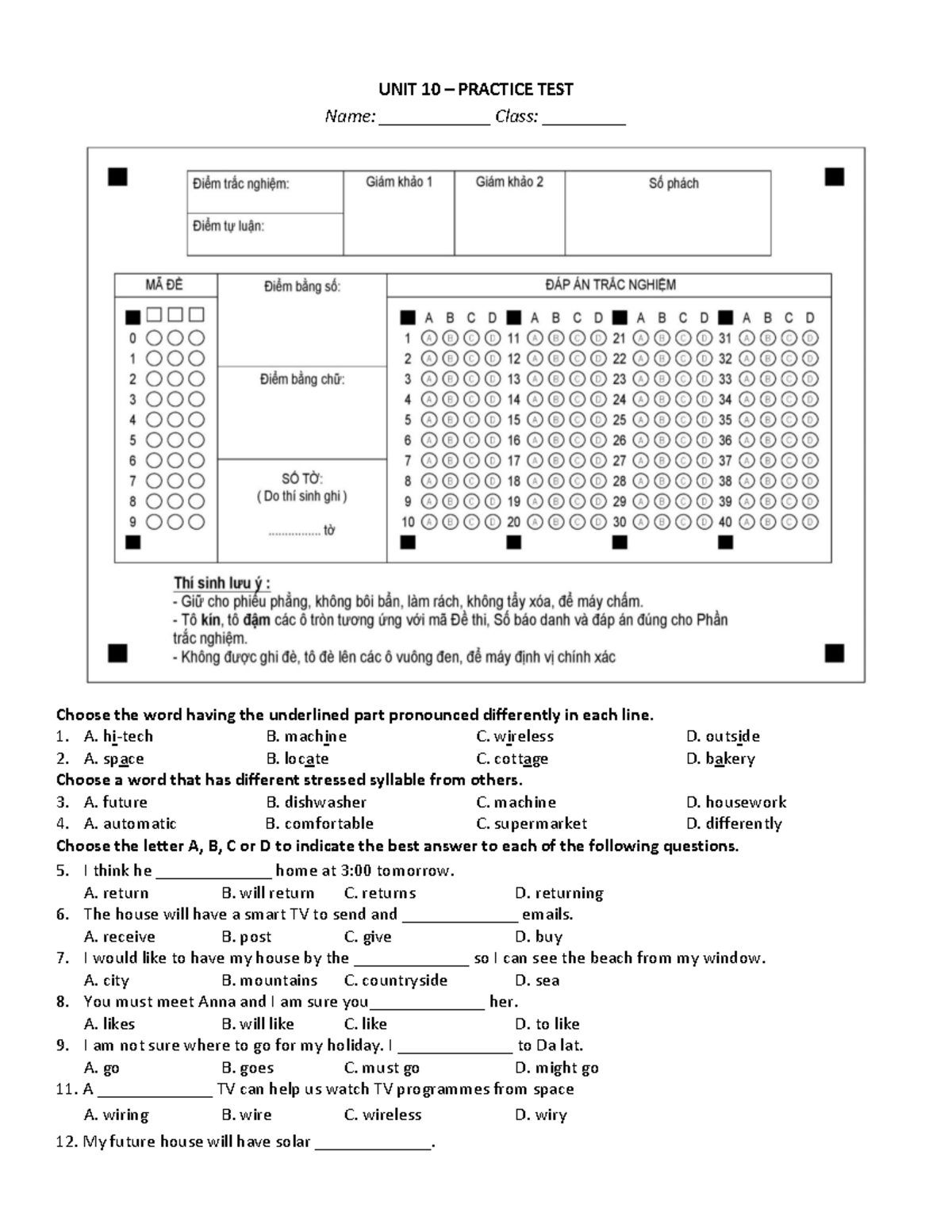 BAI TAP BO TRO 11 Grade 6 UNIT 10 PRACTICE TEST - Studocu