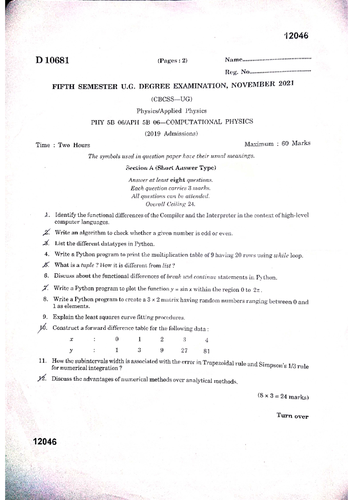 5th Semester Computational Physics Exam Questions & Solutions - Studocu