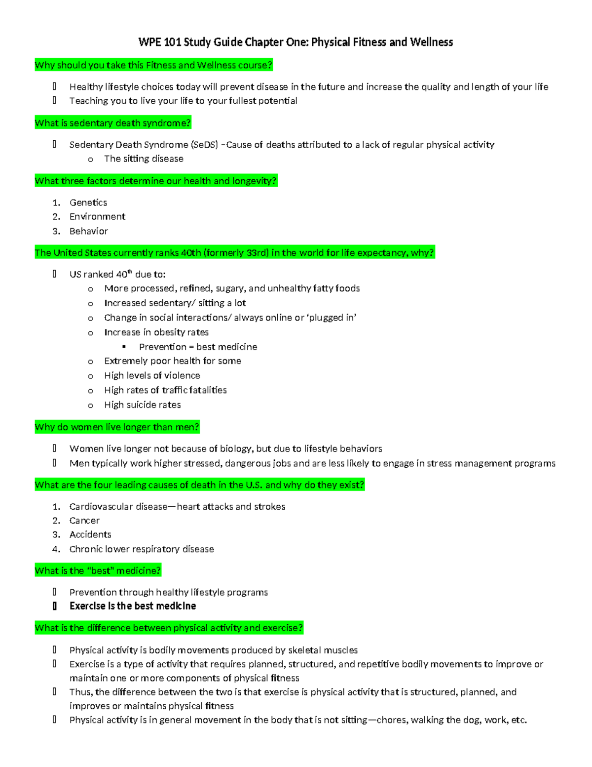 WPE 101 Final Exam Study Guide: Physical Fitness & Wellness Insights ...