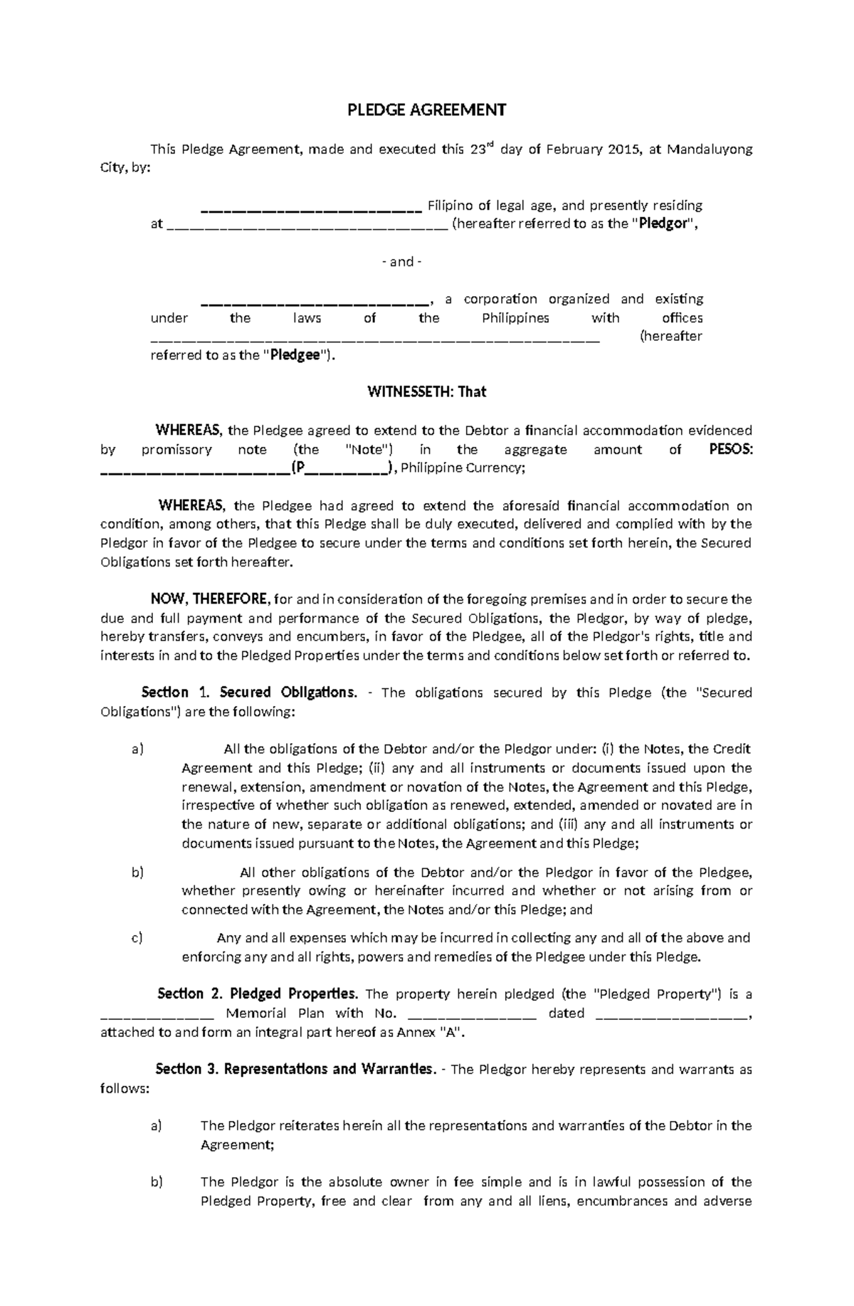 Pledge agreement for legal forms: securing obligations and properties ...