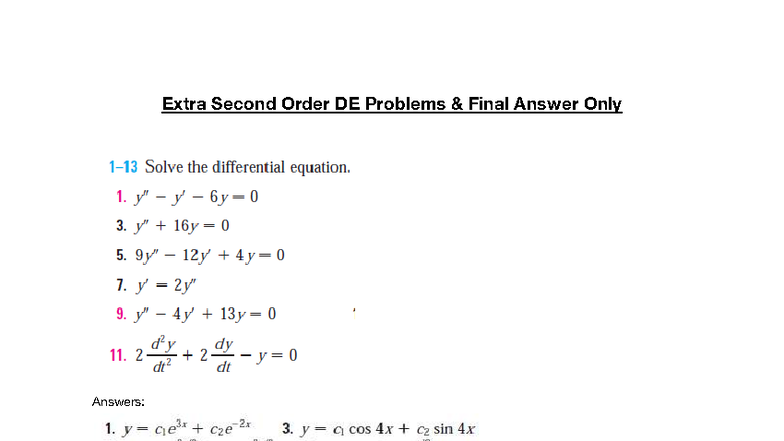 Extra Second Order DE Problems & Final Answer Only - APS163 - Studocu