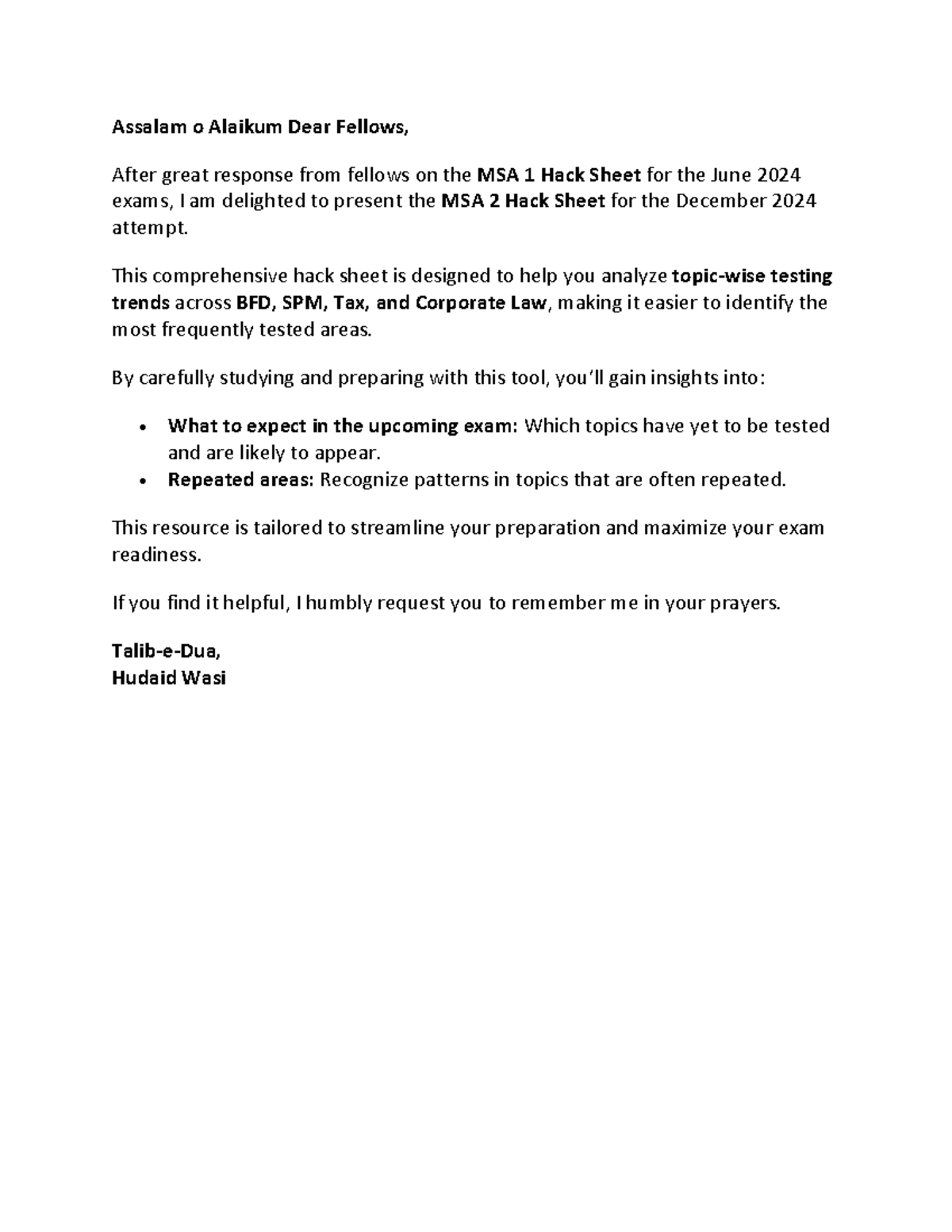 MSA 2 Hack Sheet & Useful Notes for Dec 2024 Exams by Hudaid - Studocu