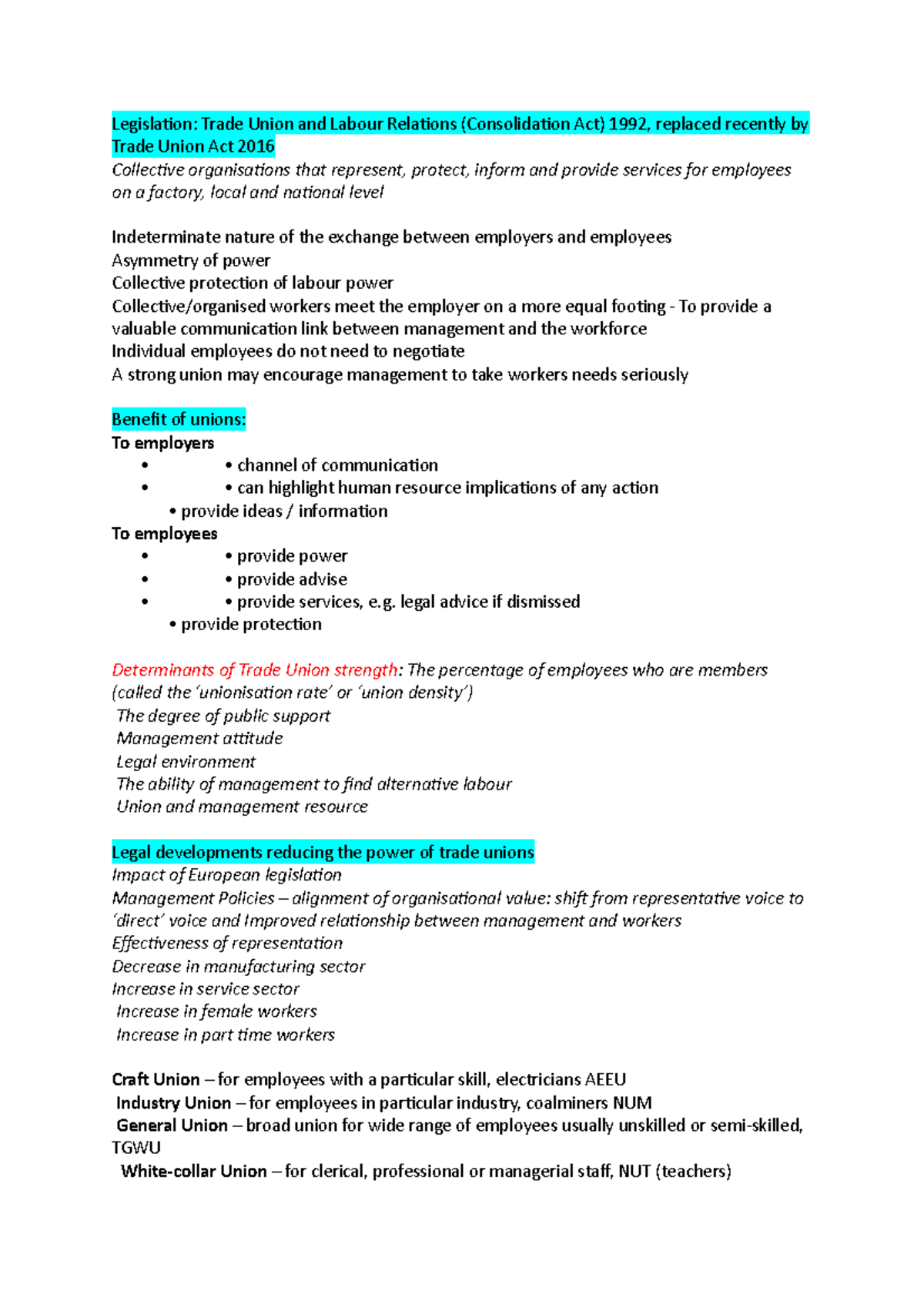 Employment Law 10 Notes from the previous year - Legislation: Trade ...