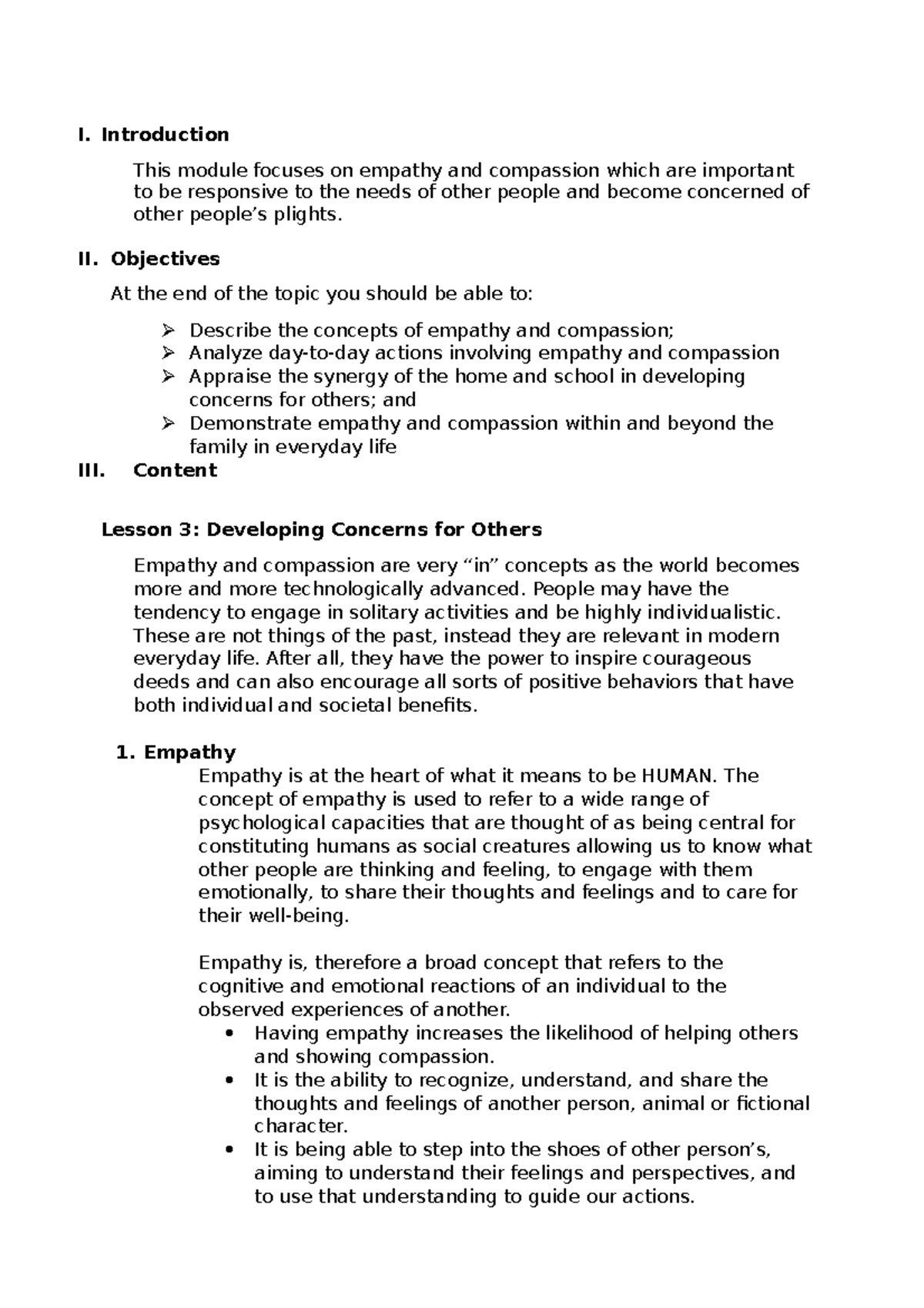 Empathy & Compassion in Developing Concerns for Others (Lesson 3) - Studocu