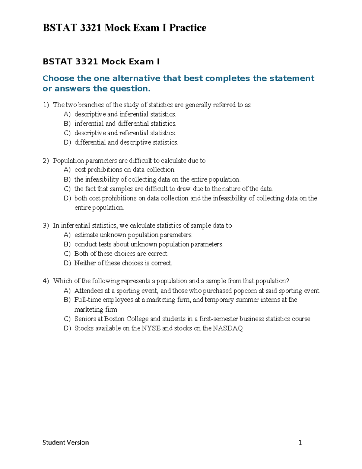 BSTAT 3321 Mock Exam I Practice Questions and Answers - Studocu