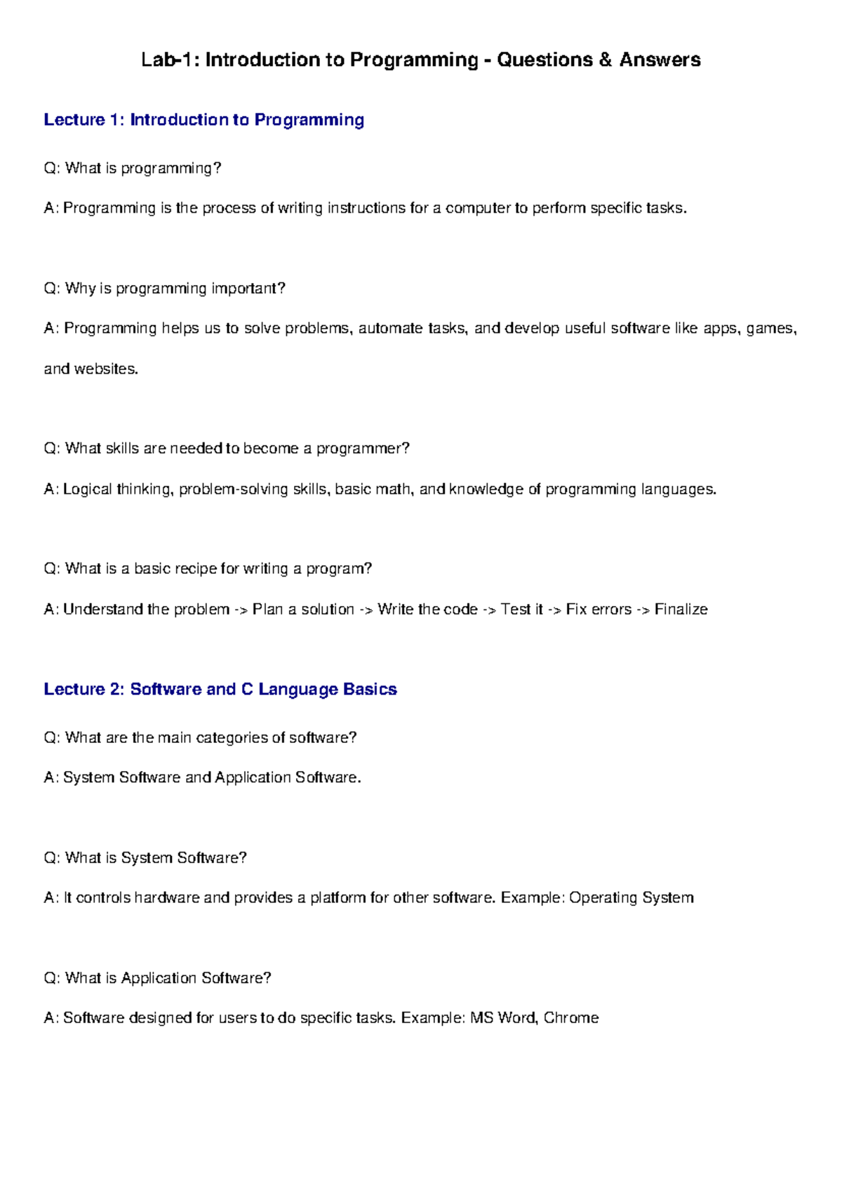 Lab 1: Introduction to Programming Q&A - Key Concepts and Skills - Studocu