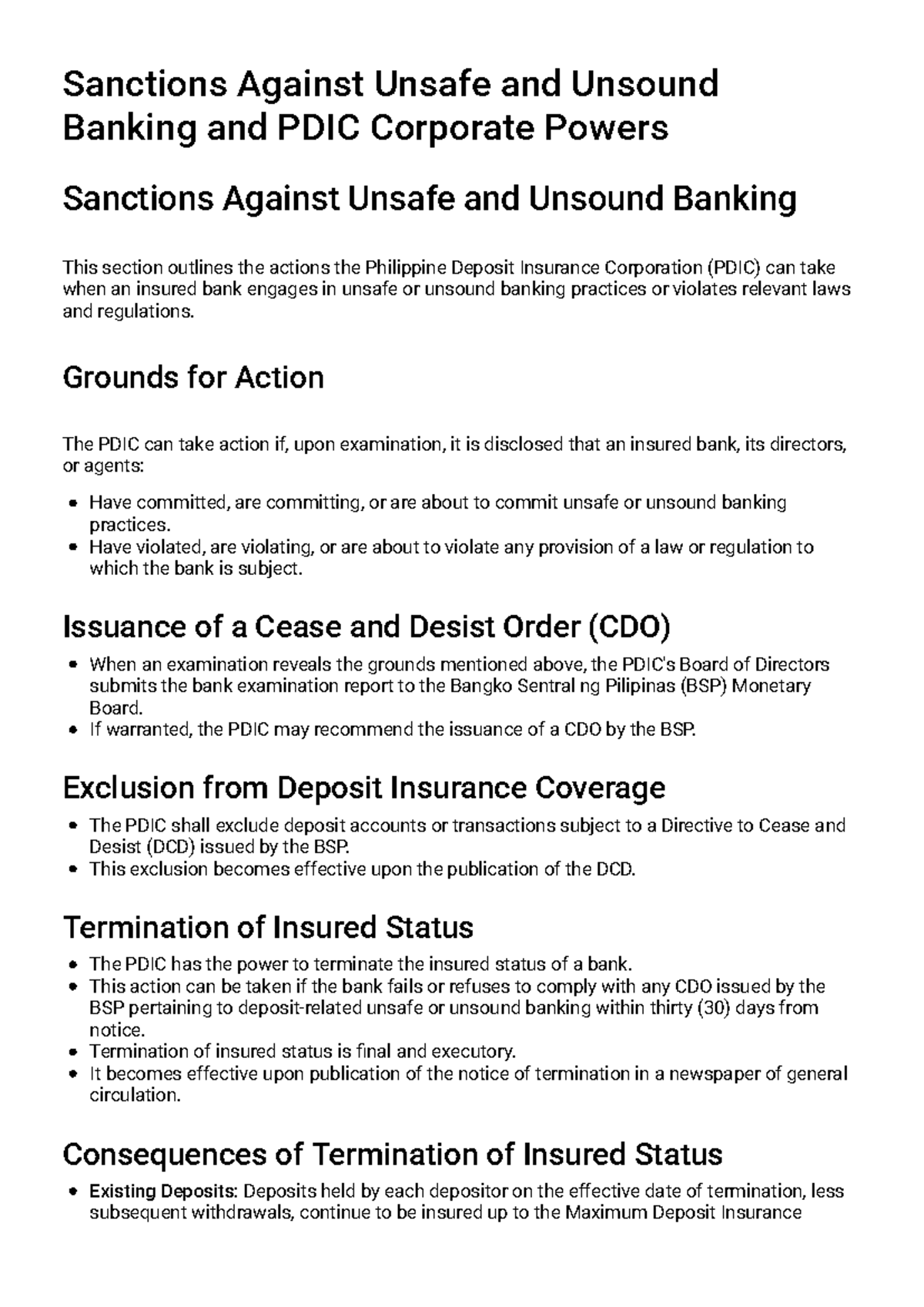 Banking Regulation and Oversight: PDIC Powers & Sanctions Guide - Studocu