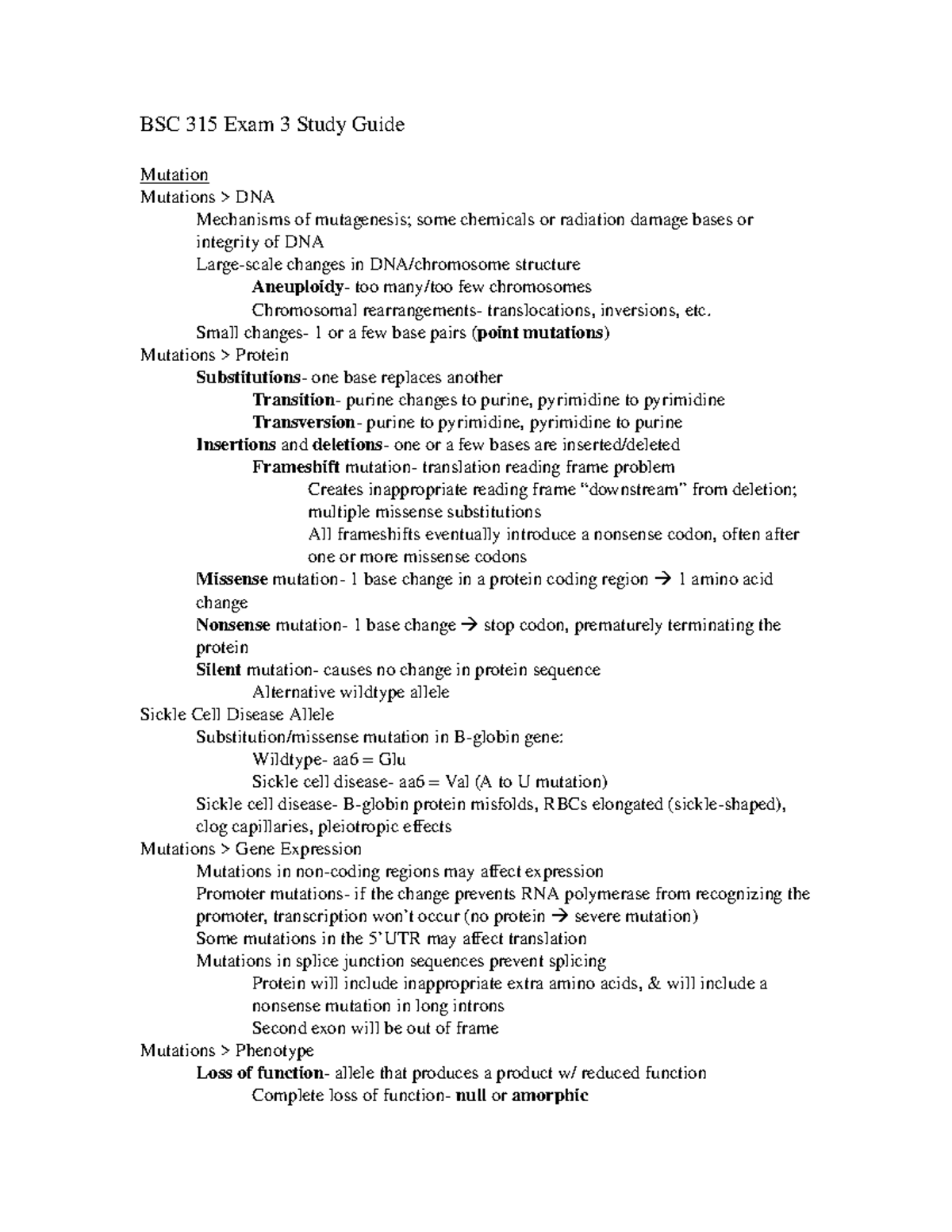 BSC 315 Exam 3 Comprehensive Study Guide on Mutations and Gene ...
