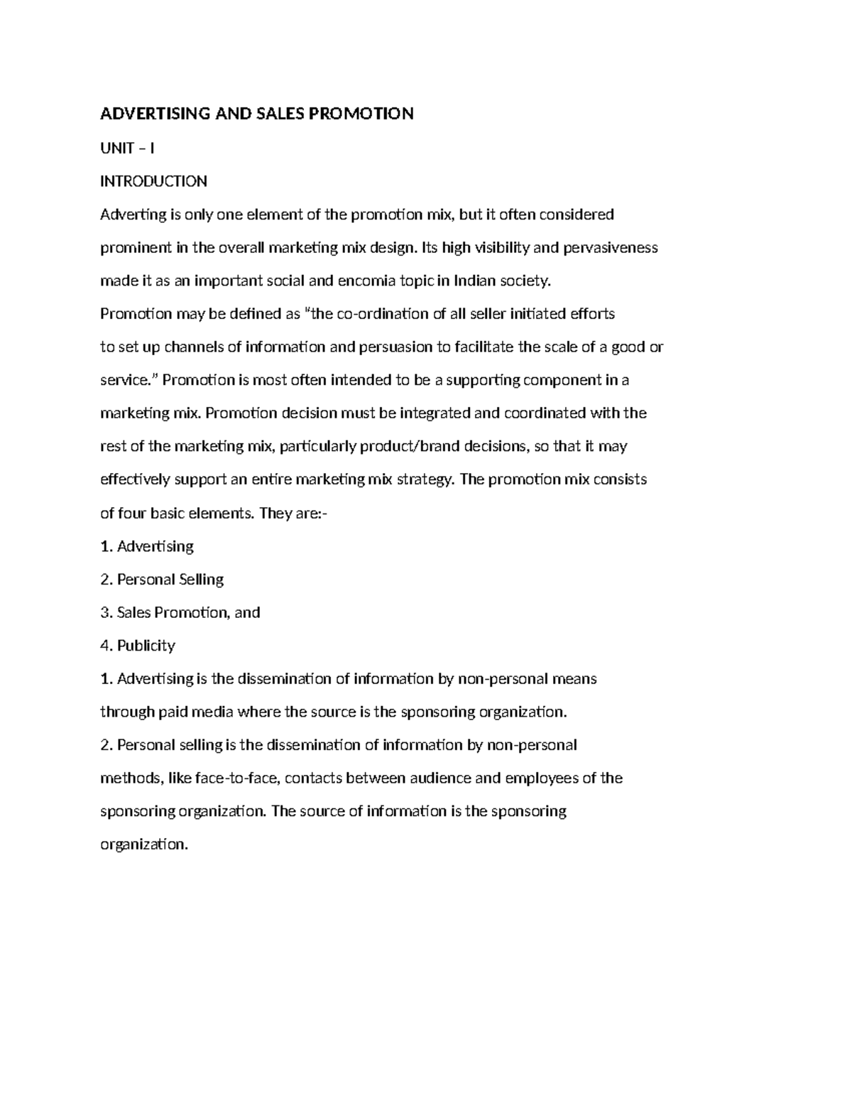Advertising and Sales Promotion: Unit I Overview and Definitions - Studocu
