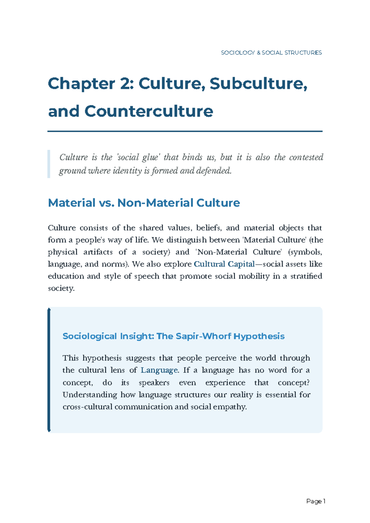 SOCIOLOGY 101 Chapter 2: Culture, Subculture, and Counterculture ...