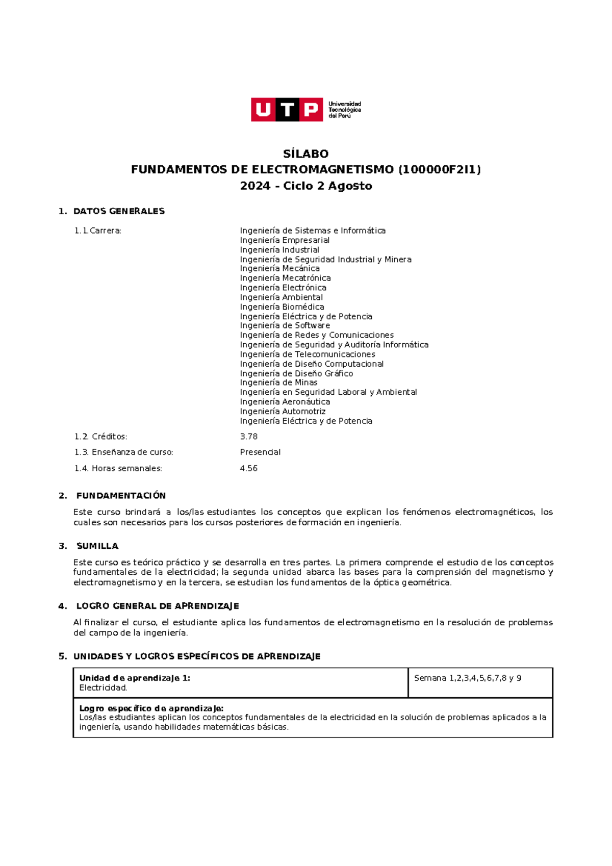Fundamentos de Electromagnetismo - Syllabus 100000 F2I1 (2024) - Document Preview
