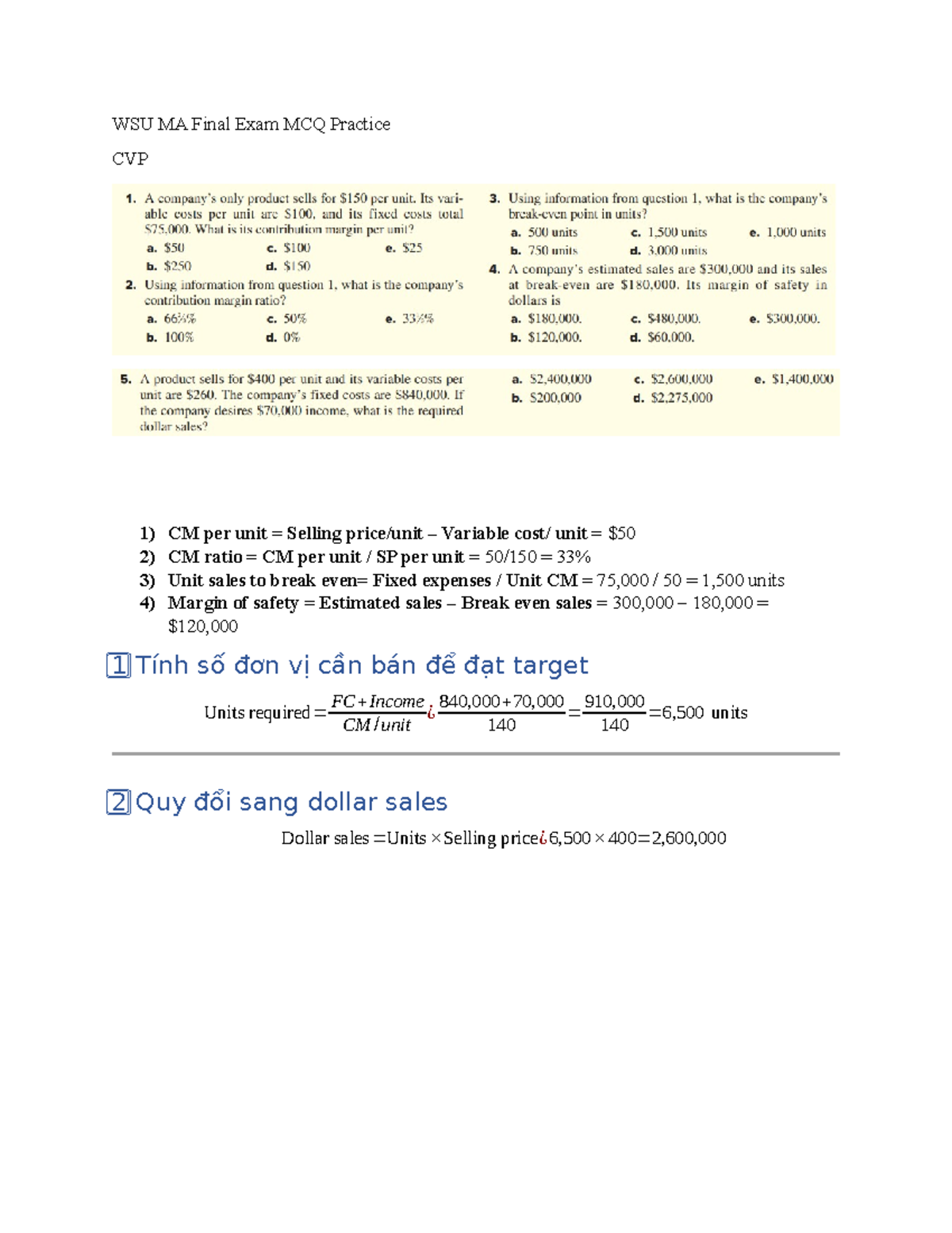 WSU MA Final Exam Revision MCQ Practice on CVP and Budgeting - Studocu