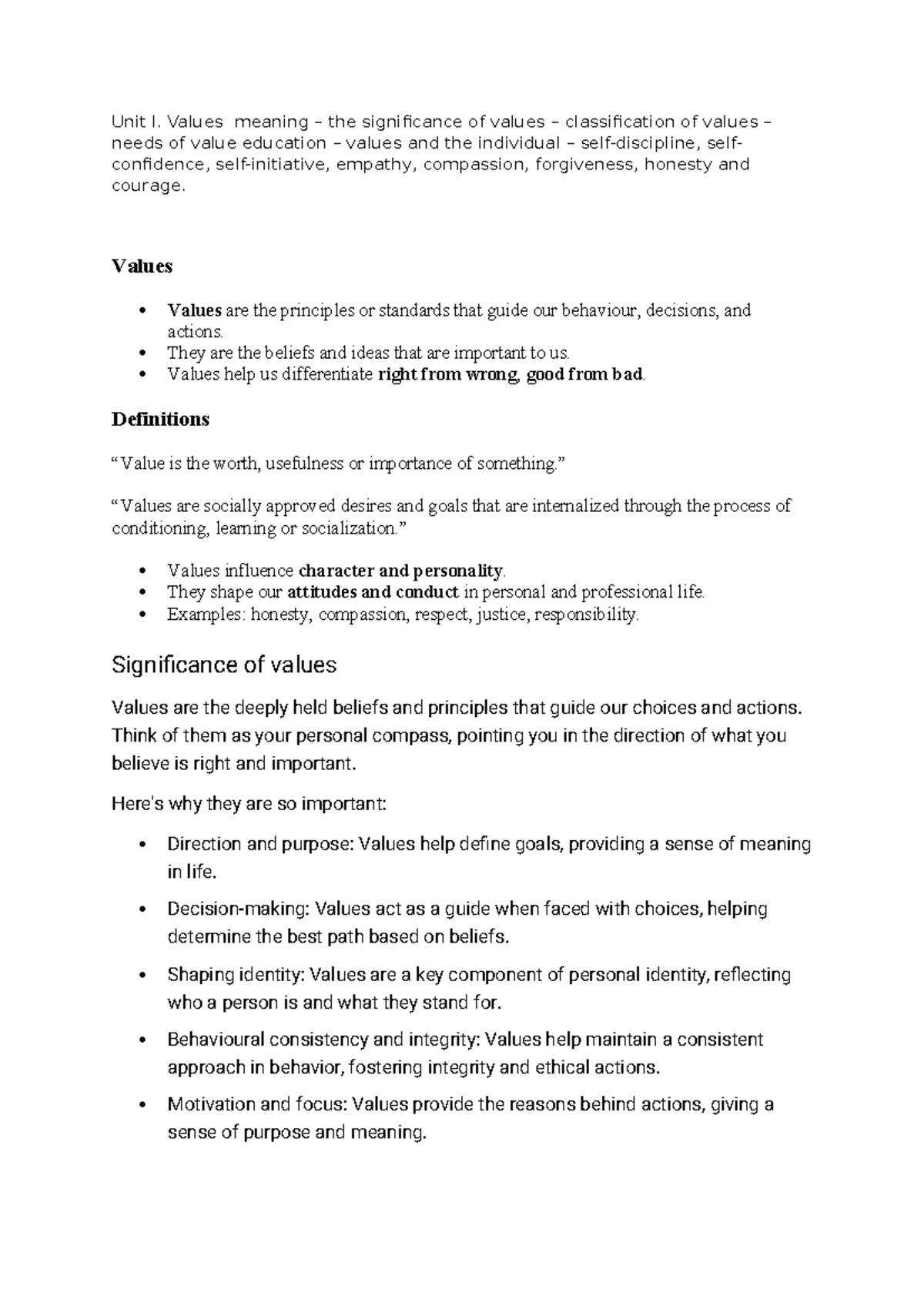 VAC Unit I: Understanding Values and Their Significance in Education ...