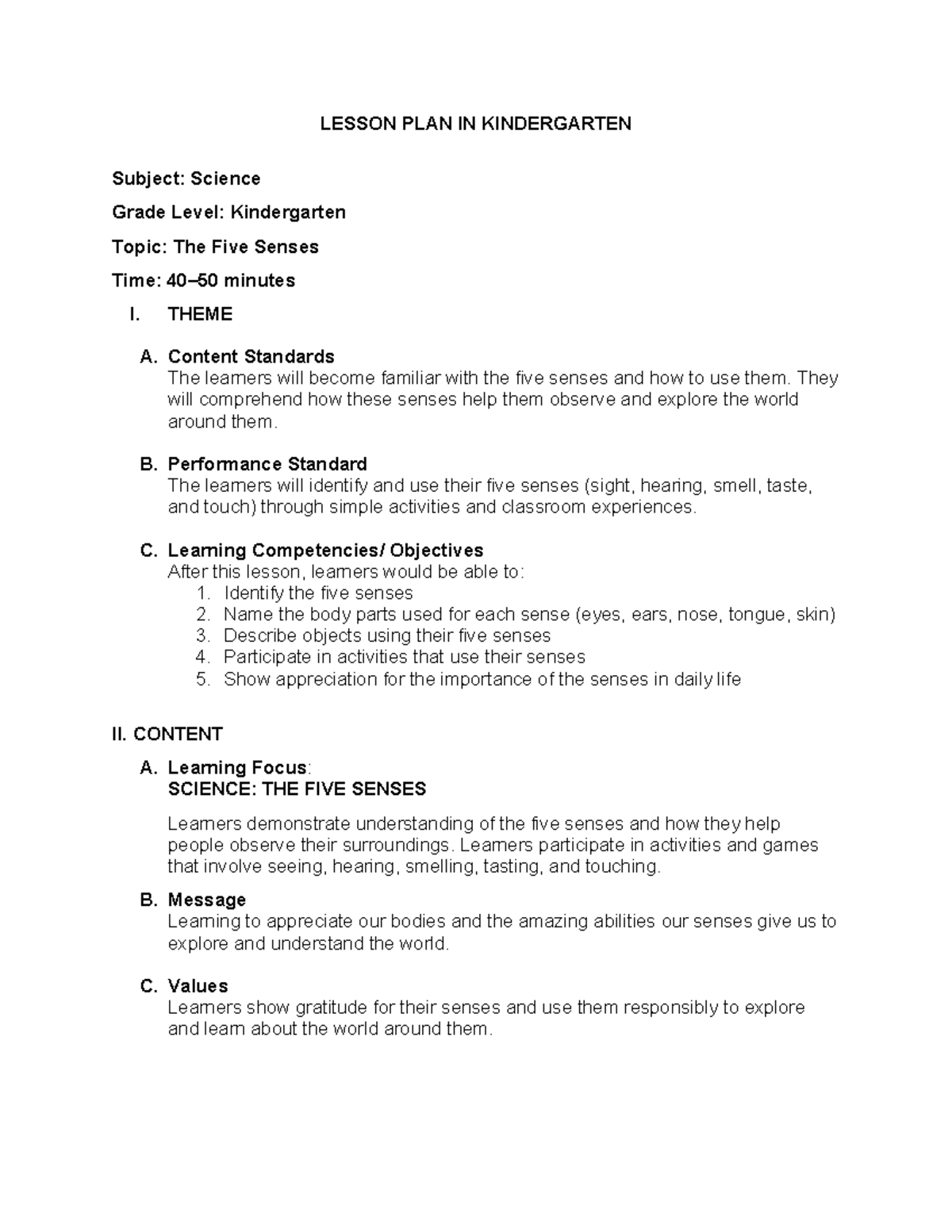 KINDERGARTEN SCIENCE LESSON PLAN: THE FIVE SENSES - Studocu