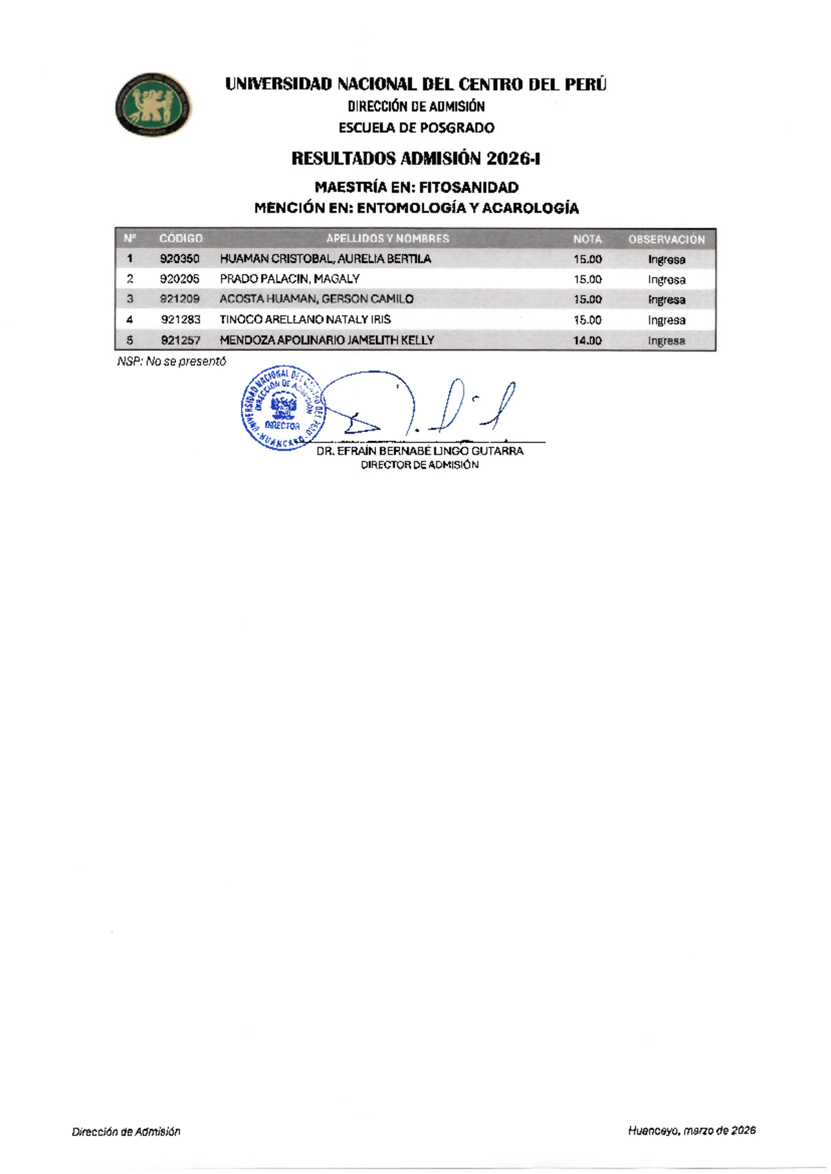 Resultados de Admisión 2026-1 - Maestrías en la UNCP - Document Preview