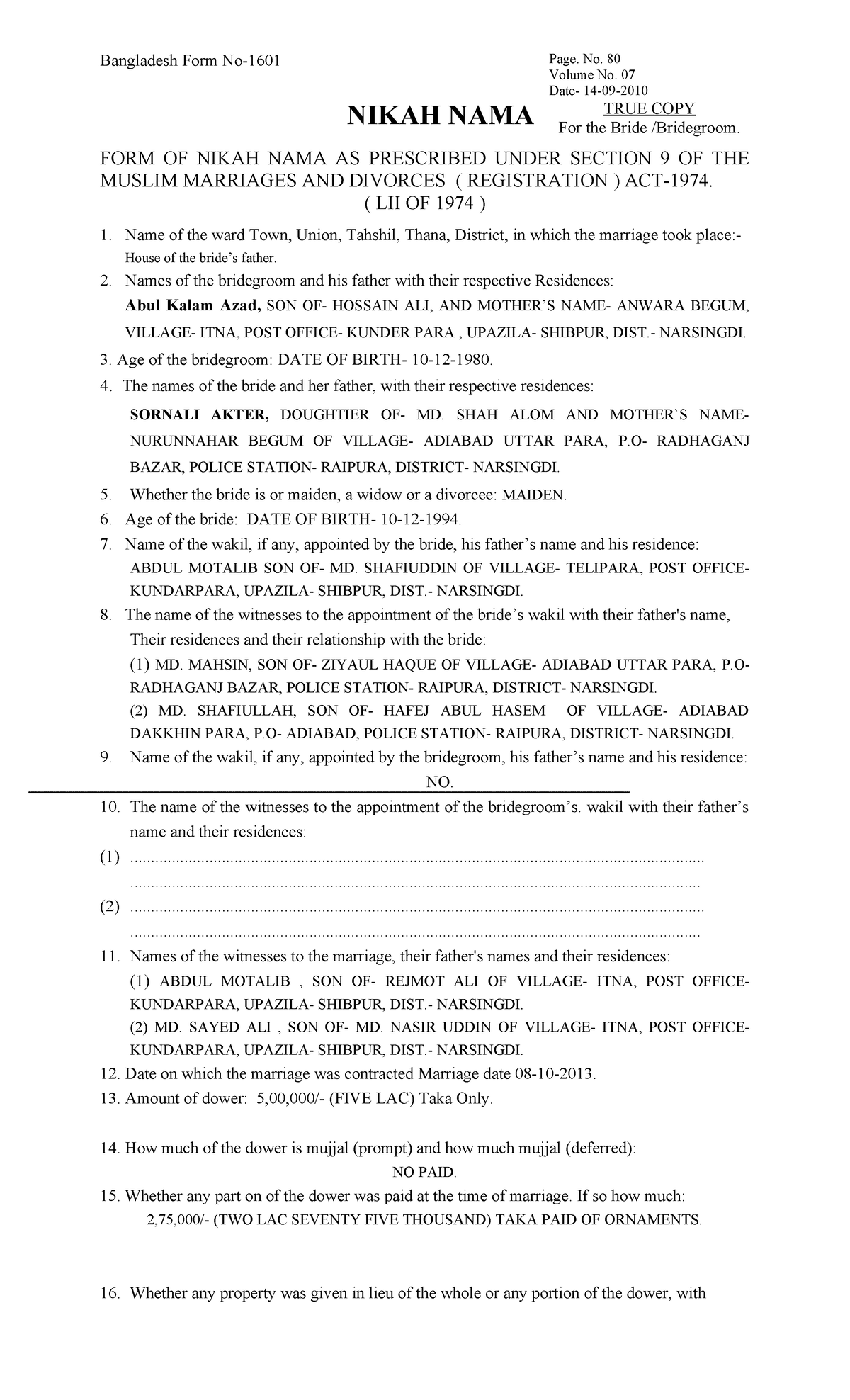 Bangladesh NIKAH NAMA Form - Volume 07, Page 80 (True Copy) - Studocu