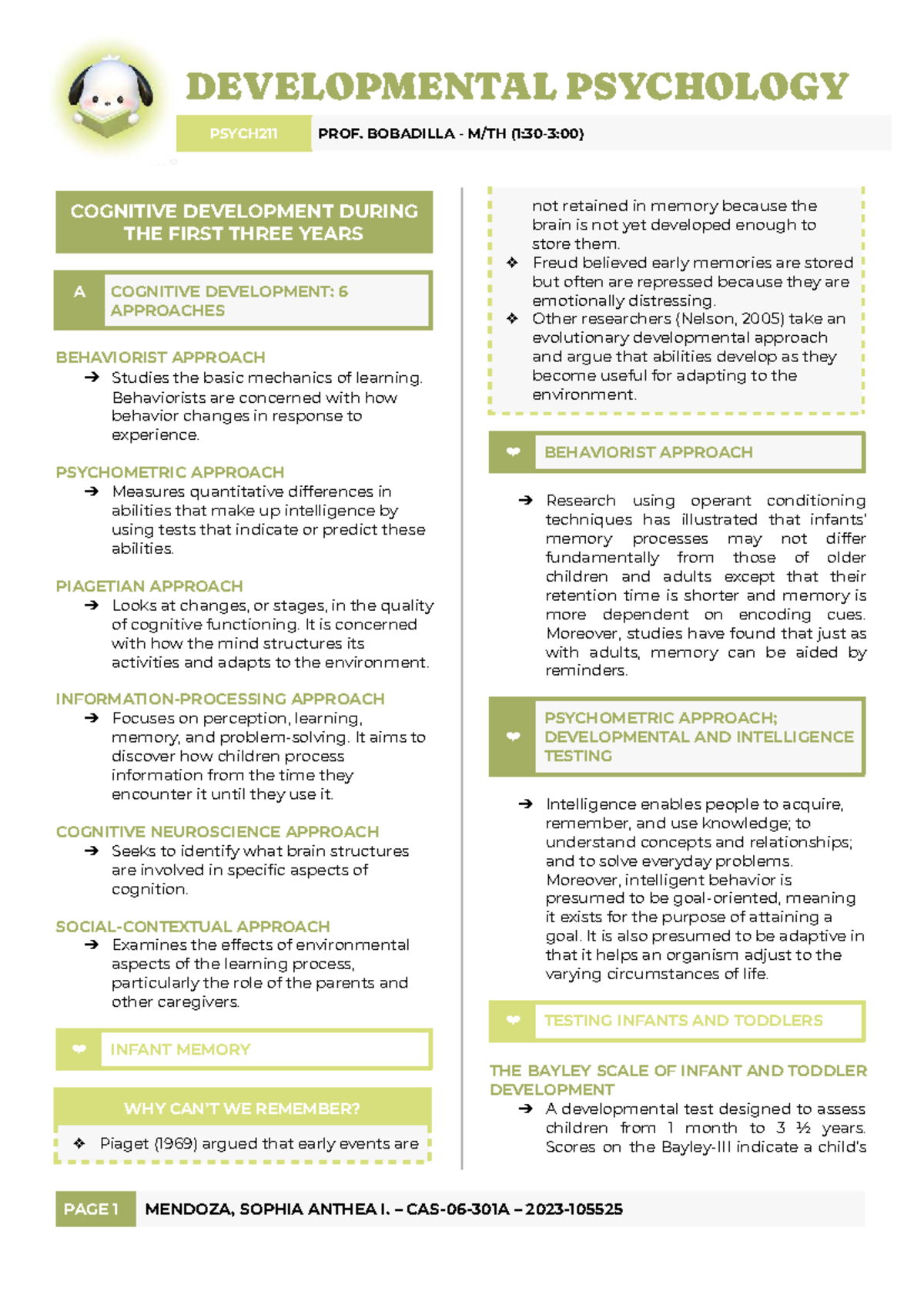 DEV PSYCH PSYCH211 FINAL EXAM NOTES: COGNITIVE DEV. IN EARLY YEARS ...