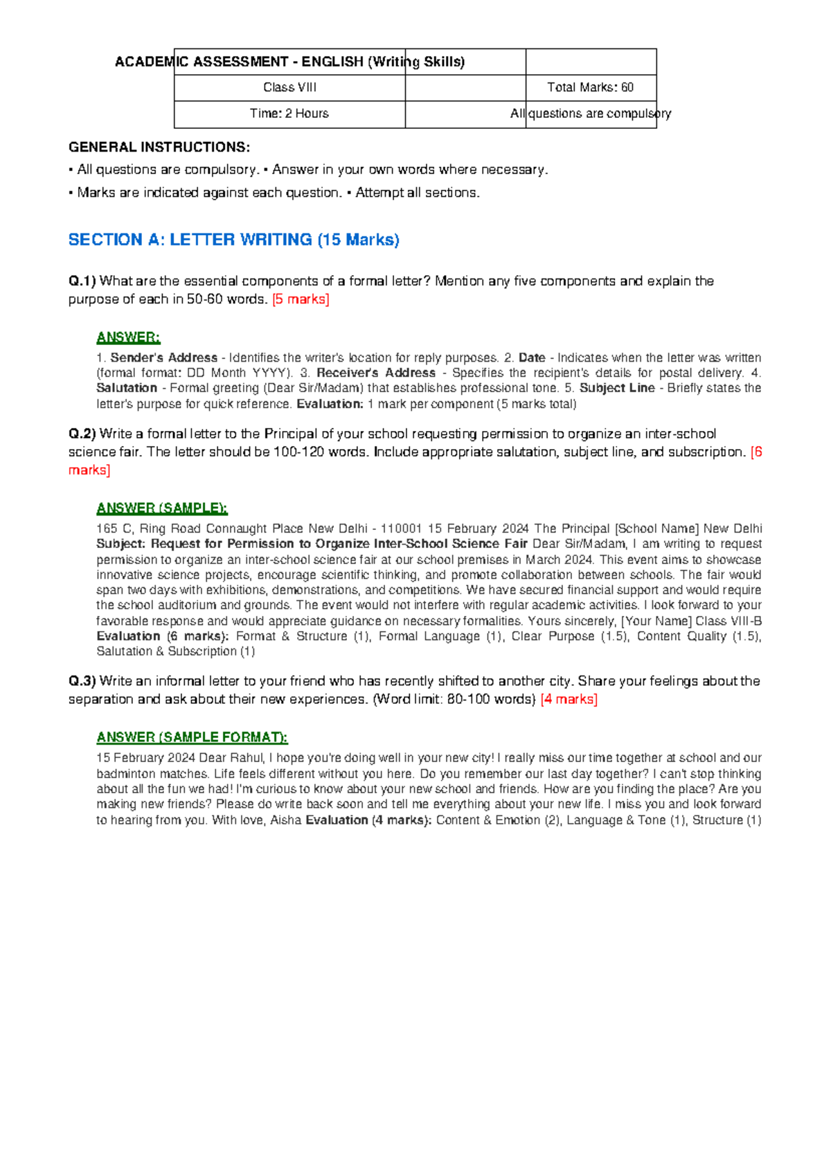 Complete Question Paper with Answers: English Writing Skills (Total ...