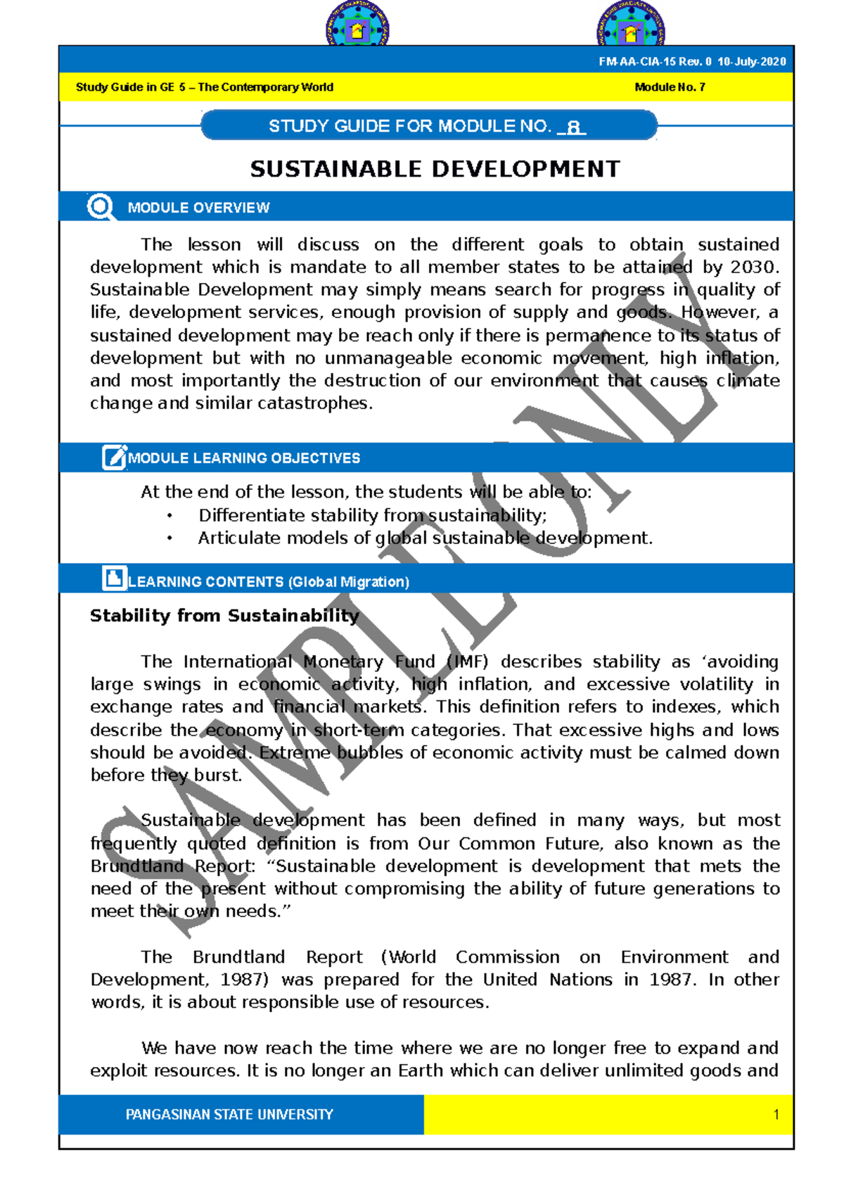 GE 5 SG Sustainable Development - 8 SUSTAINABLE DEVELOPMENT MODULE ...