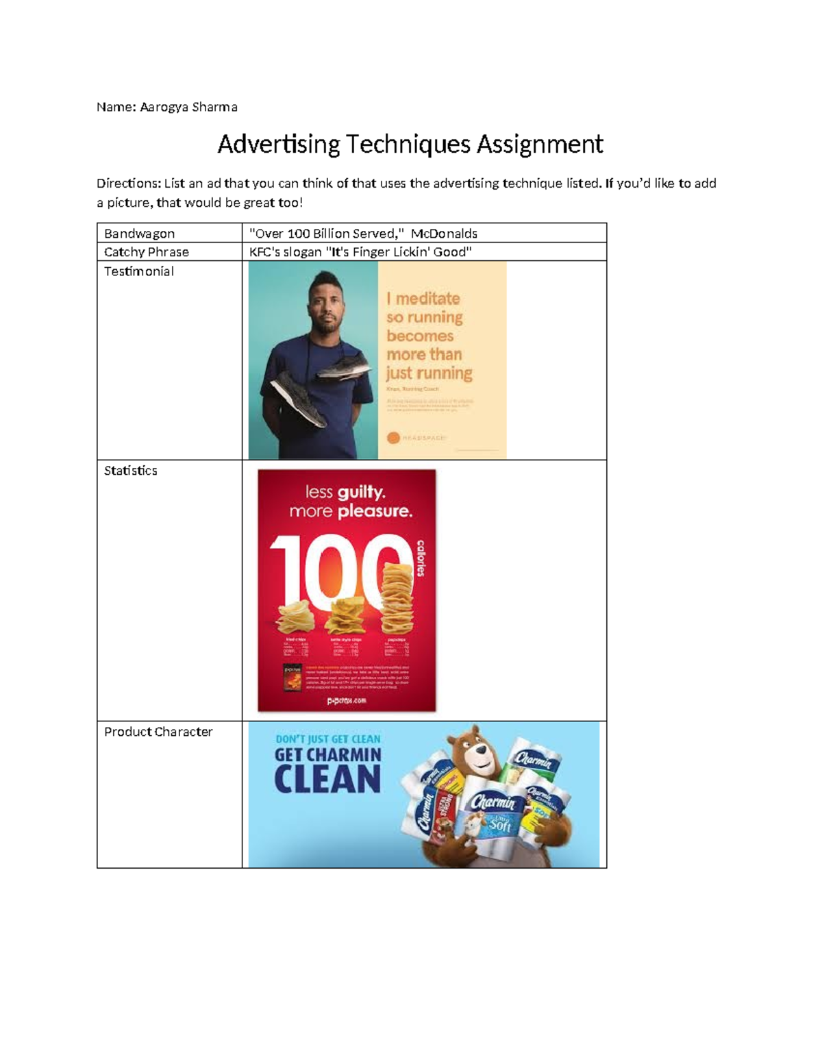 Advertising Techniques Worksheet - HEAL8 - Name: Aarogya Sharma ...