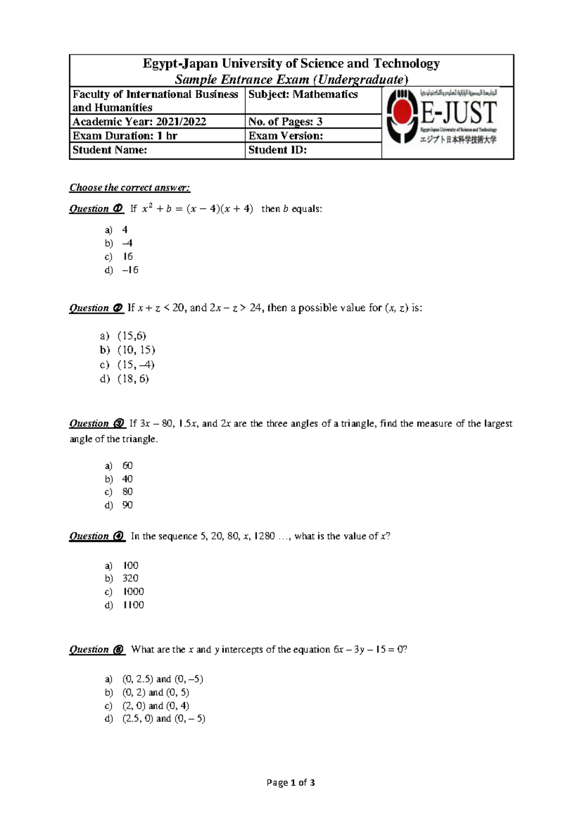 Math2022 - E-JUST Admission Exam Sample Questions and Answers - Studocu