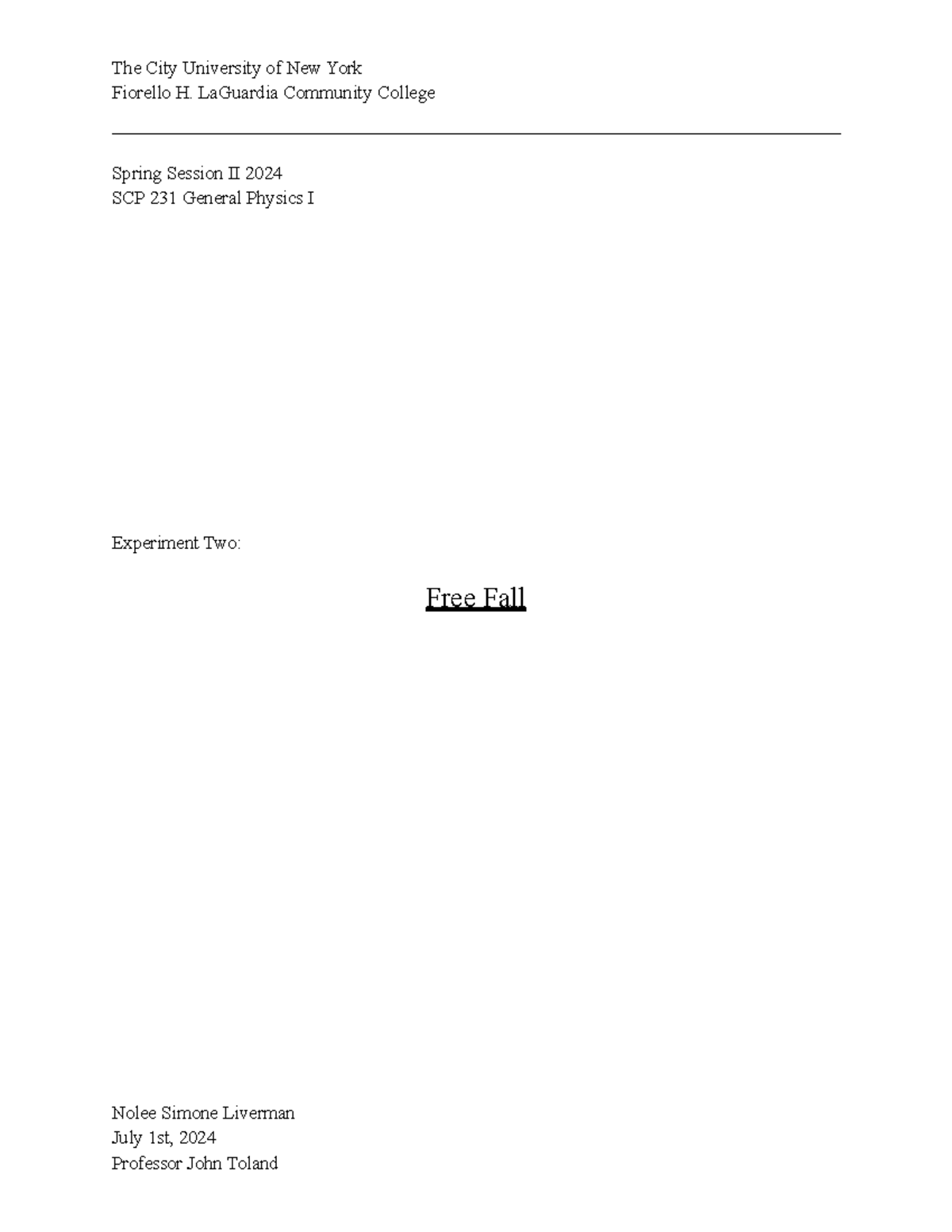 SCP 231 Lab Two: Freefall Experiment Report with Data Analysis - Studocu