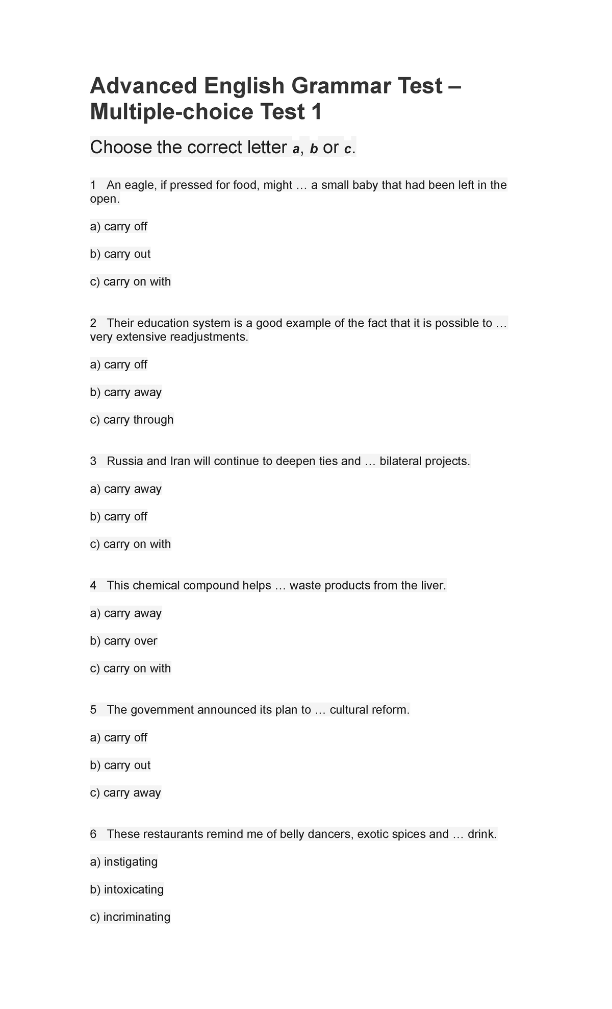 Advanced English Grammar Test 1: Multiple Choice Questions - Studocu