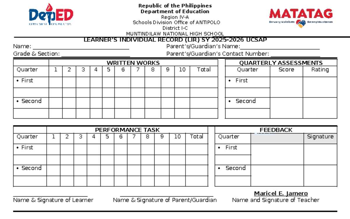 Individual Learner's Record (LR) - Muntindilaw National HS - Studocu