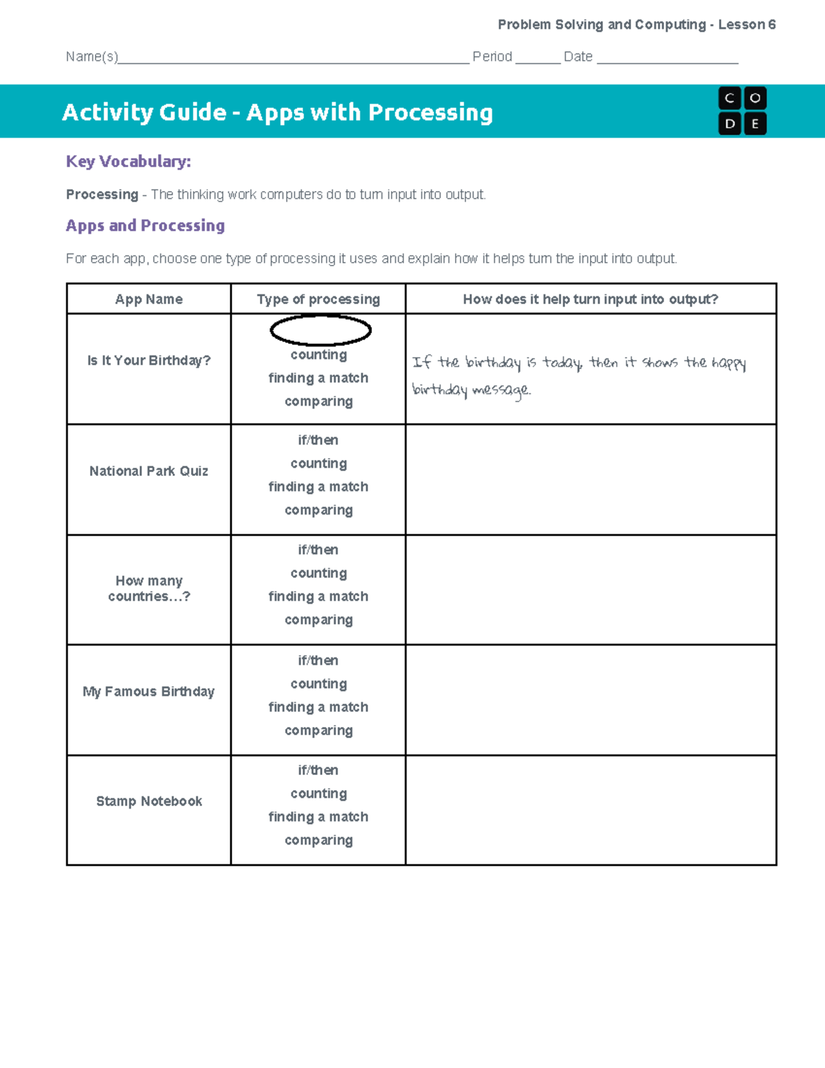 U1L06 - Activity Guide on Processing in Apps and Problem Solving - Studocu