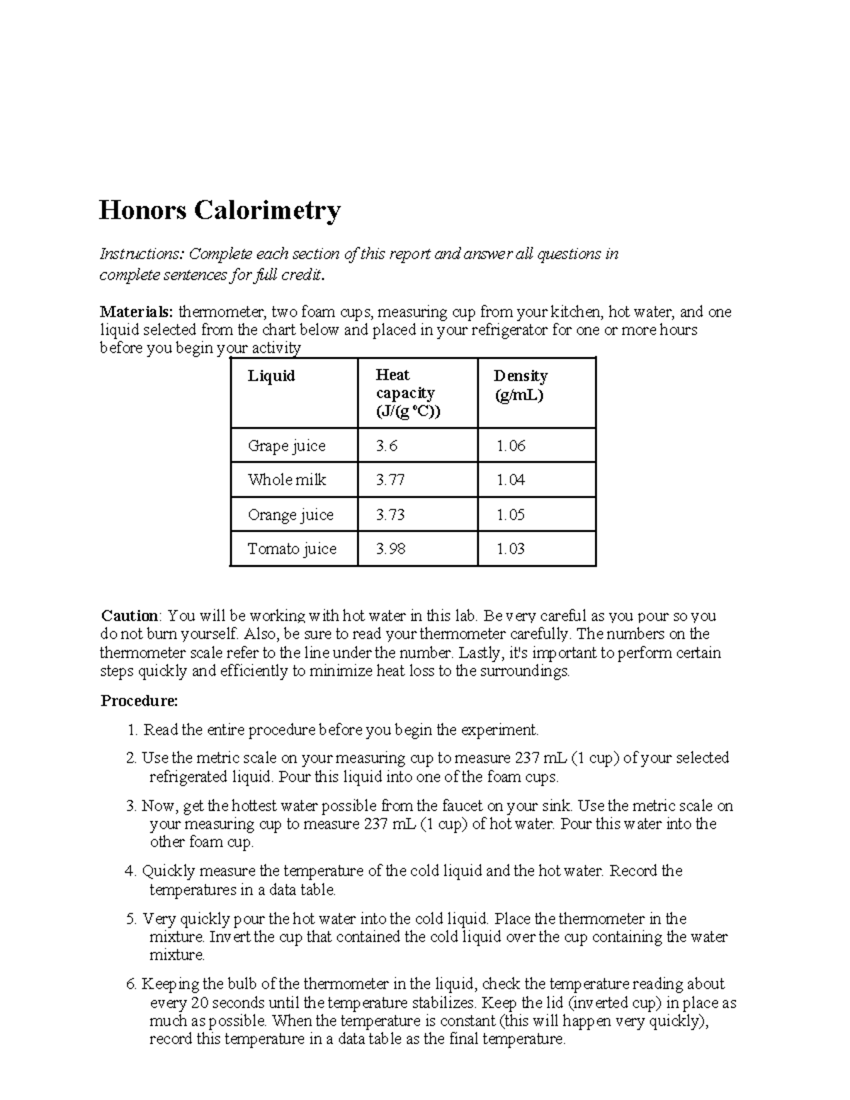 7.03 Honors Calorimetry Lab Report and Data Analysis - Studocu