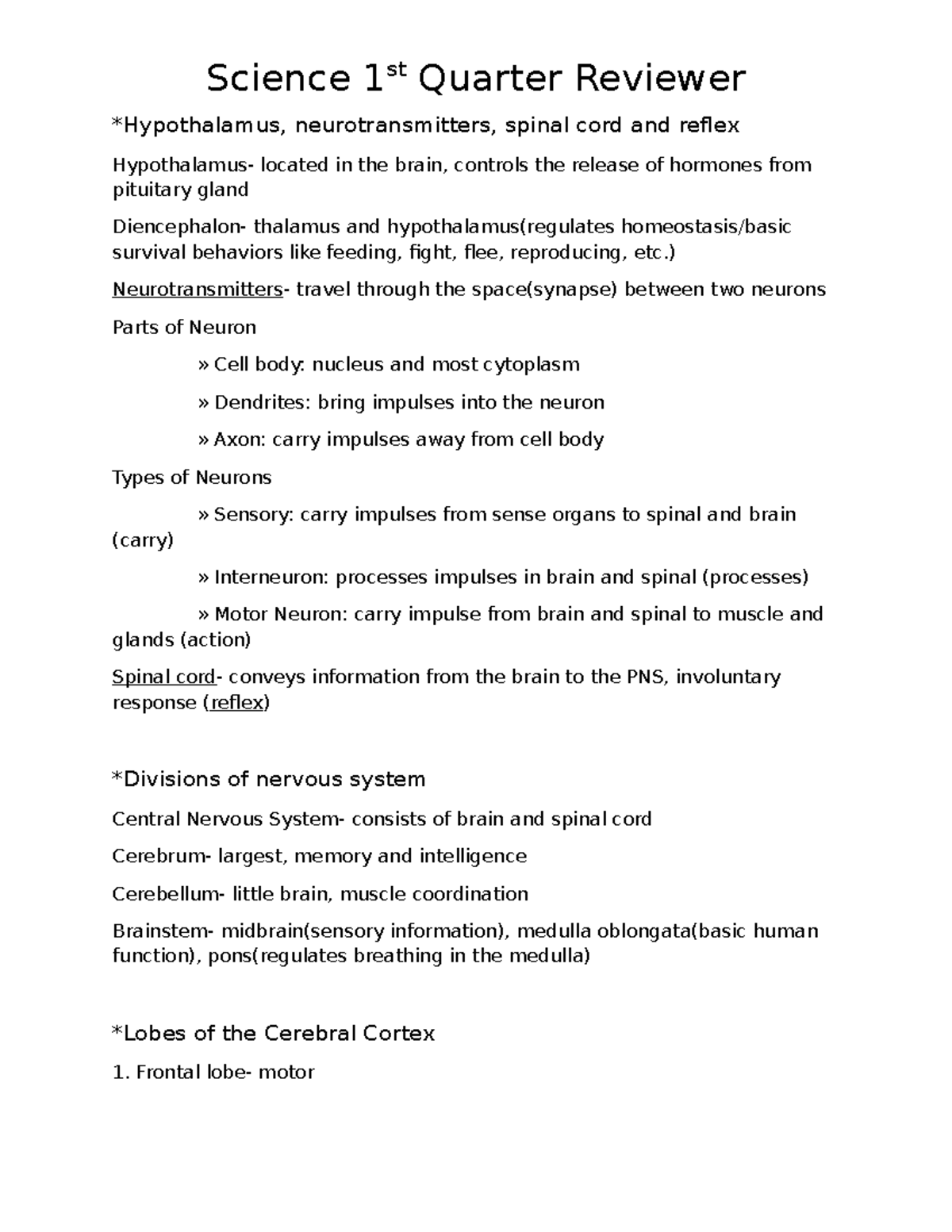 Science 10 1st Quarter Reviewer: Nervous & Endocrine Systems Insights ...