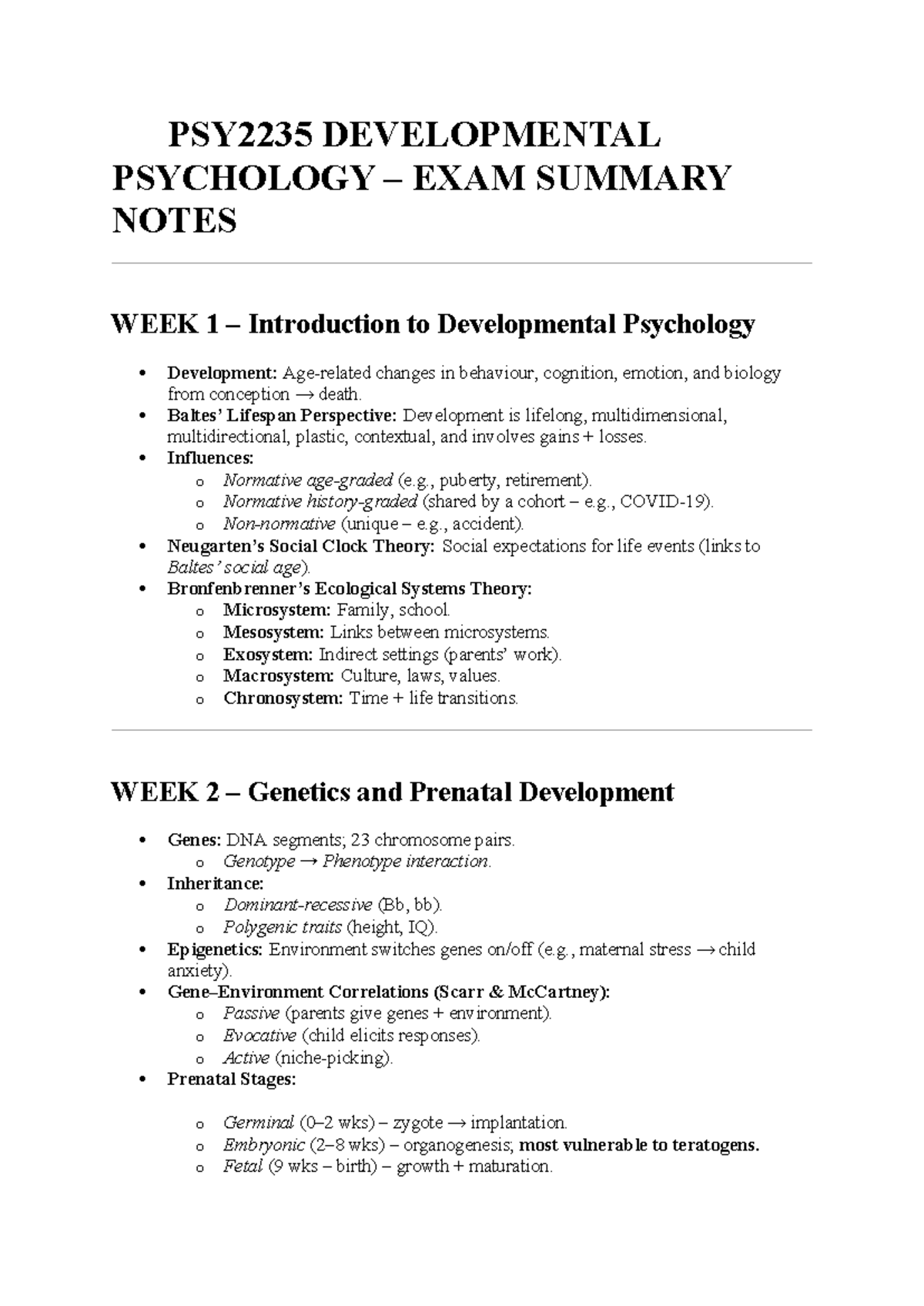 PSY2235 DEVELOPMENTAL PSYCHOLOGY EXAM SUMMARY NOTES WEEKS 1-12 - Studocu