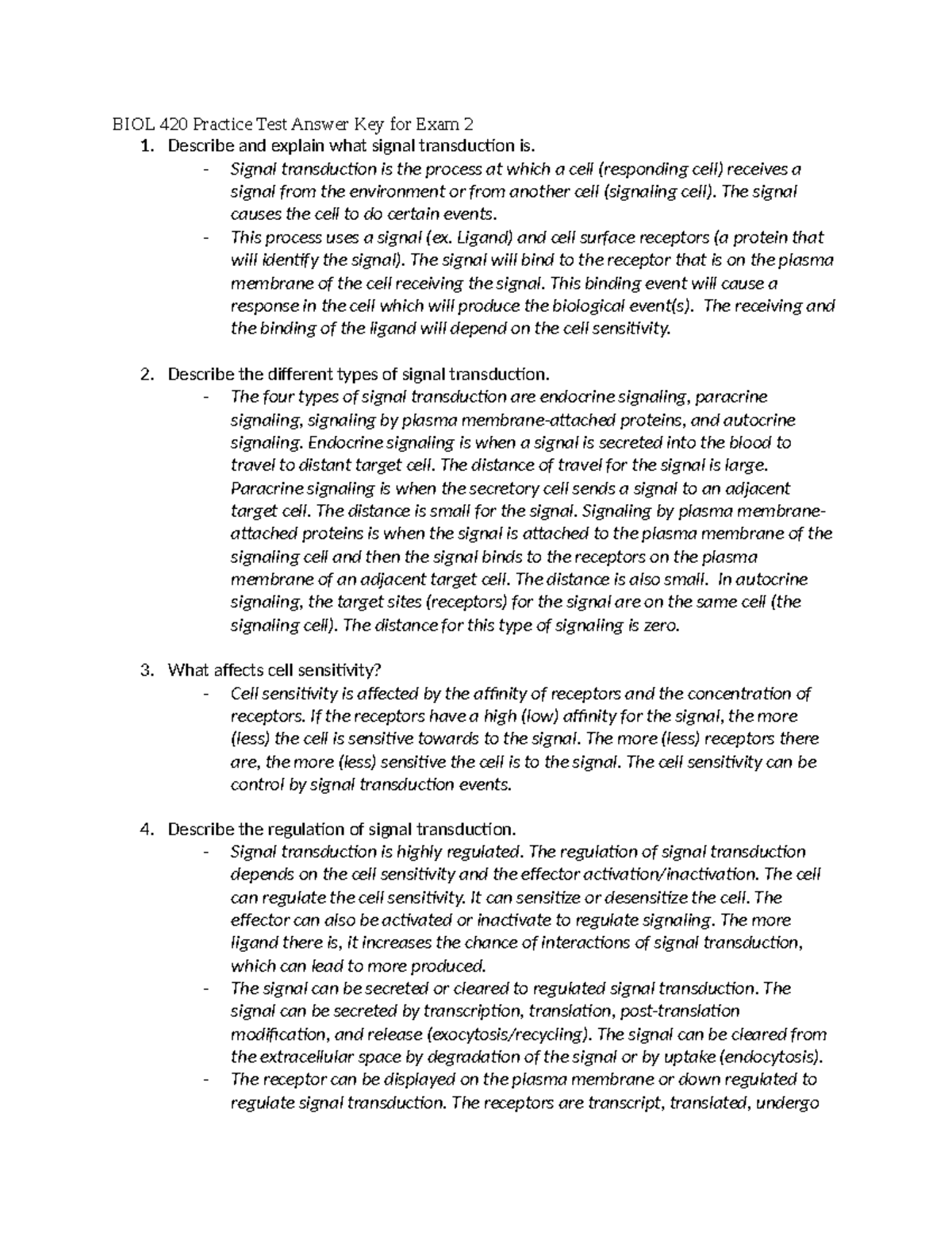 BIOL 420 Exam 2 Practice Test Answer Key and Study Guide - Studocu