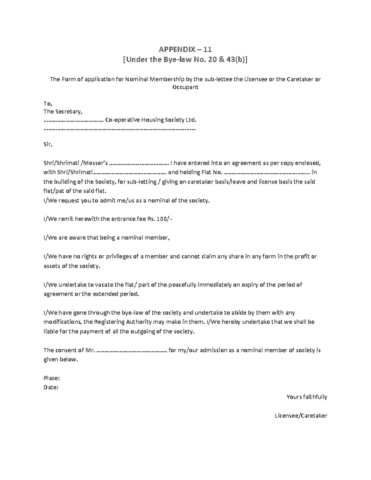 Appendix-11: Application for Nominal Membership (Bye-Law No. 20 & 43(b ...