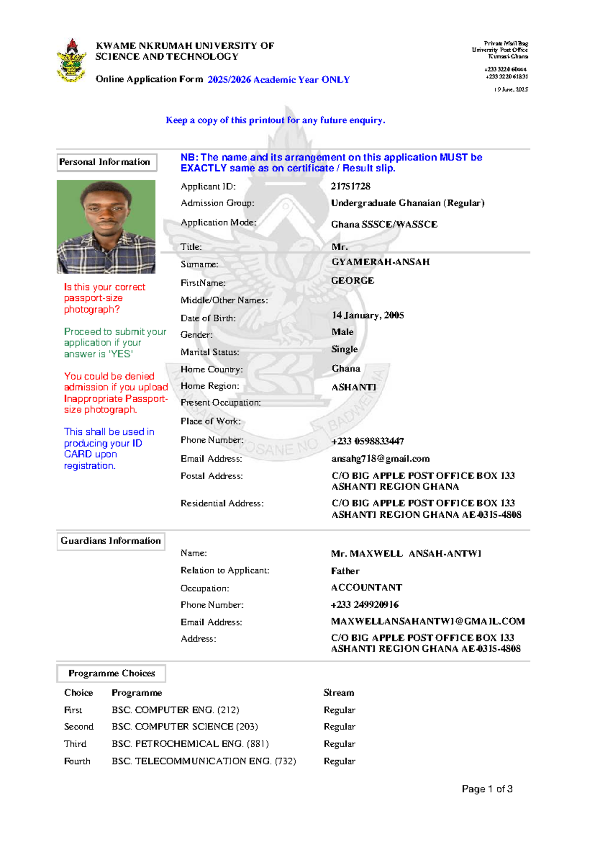 KNUST Online Admissions Application - Applicant ID 21751728 - Studocu