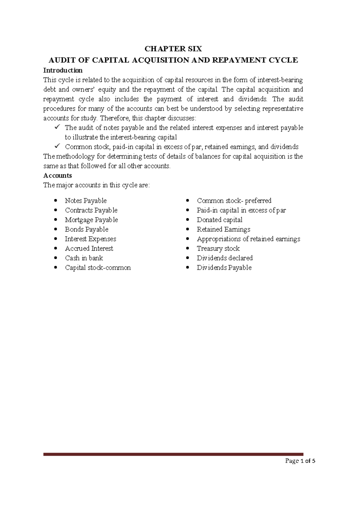 Auditing II - Chapter 6: Capital Acquisition & Repayment Cycle - Studocu