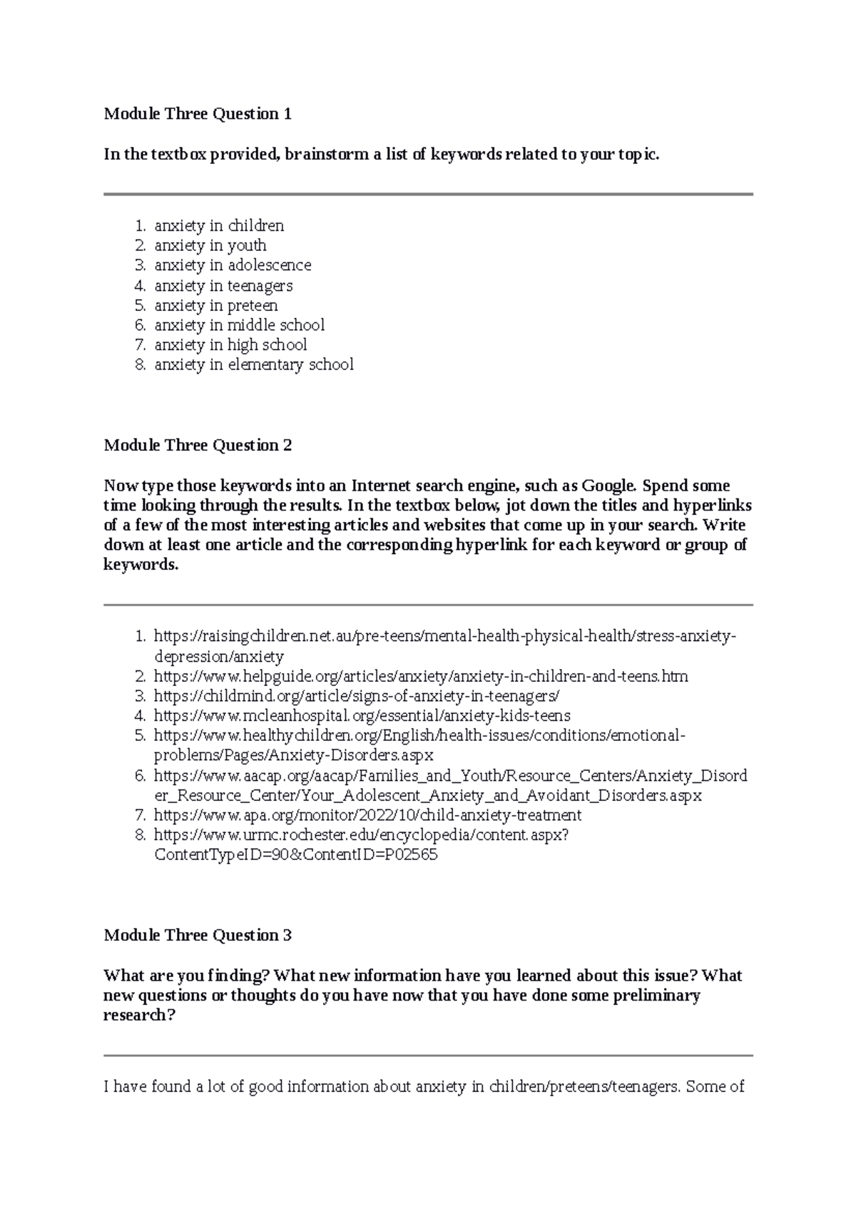 SCS 200 Module 3 - Research Responses on Childhood Anxiety Topics - Studocu