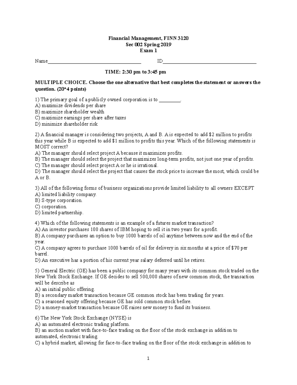 FINN 3120 Sample Exam 1 - Financial Management Spring 2019 - Studocu