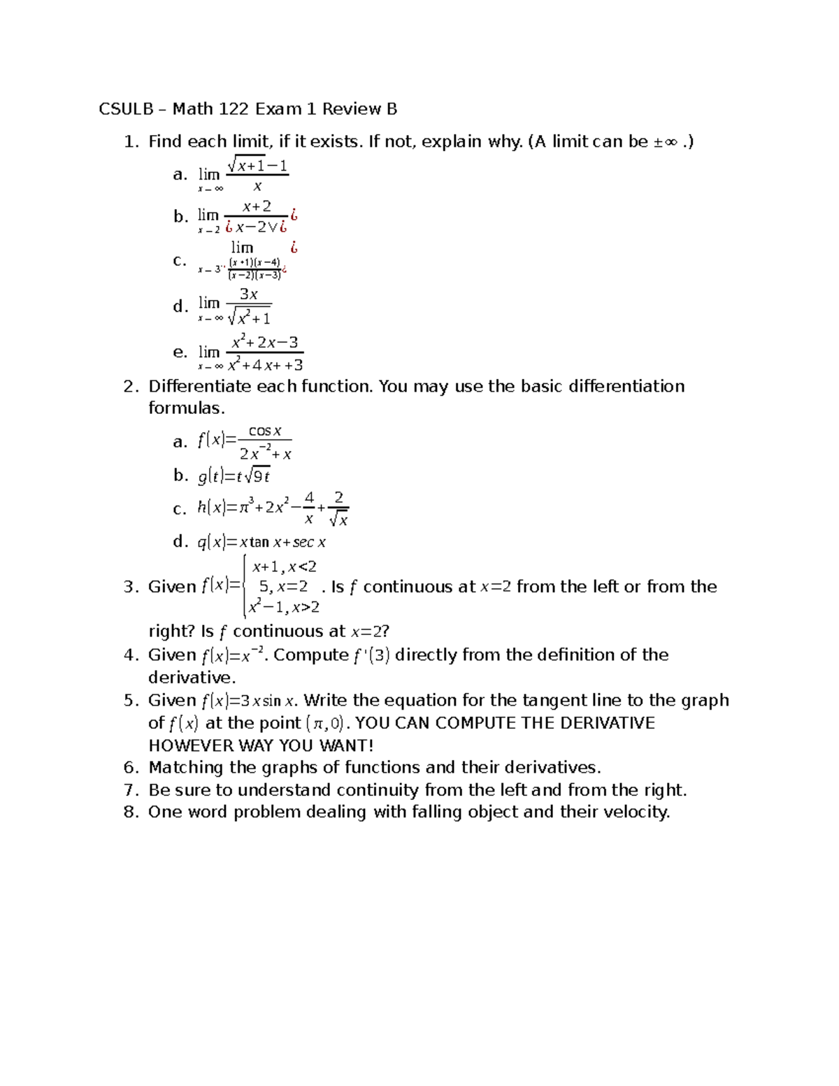 Math 122 Exam 1 Review: Limits, Derivatives, and Continuity Guide - Studocu