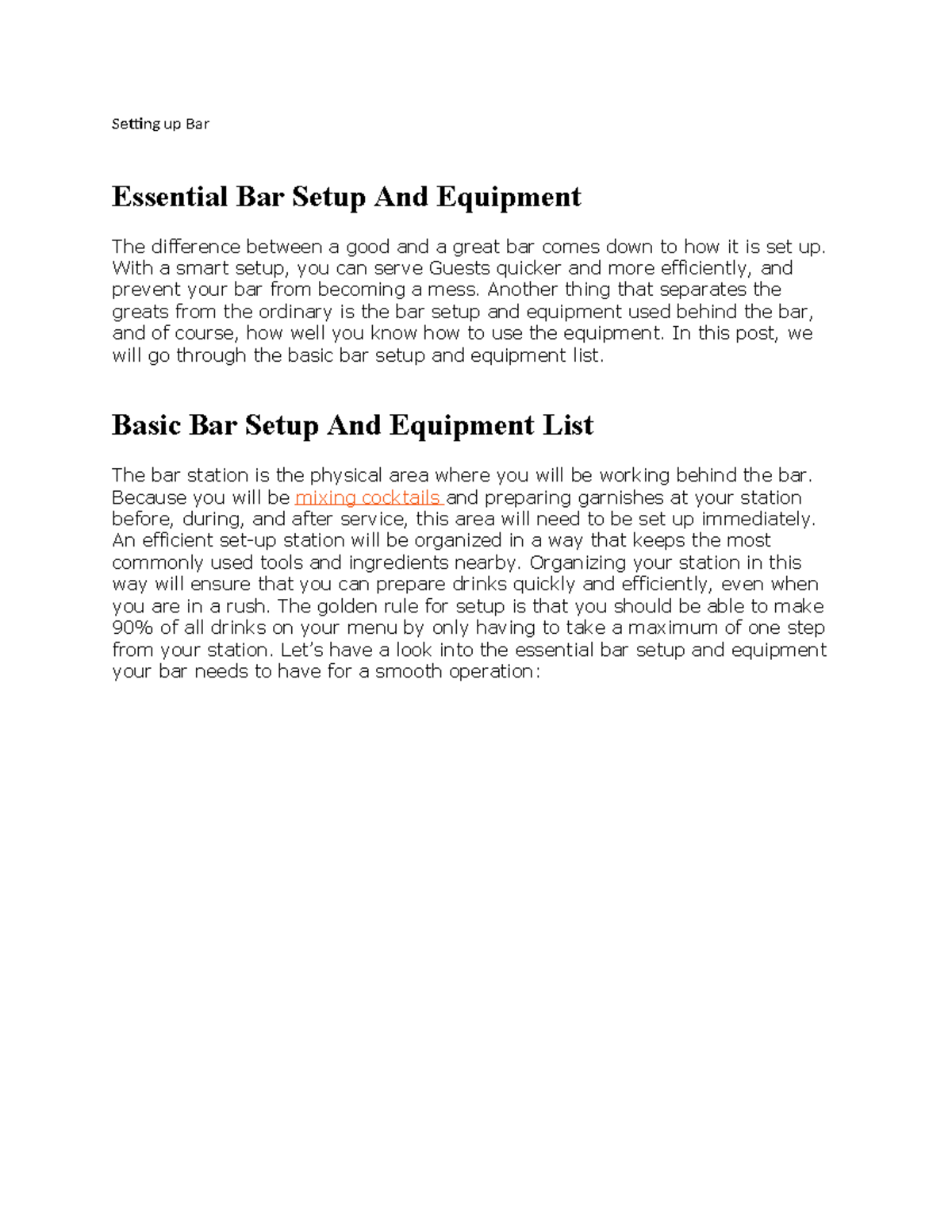 Bar Essentials: Setup & Equipment Guide for Efficient Service - Studocu