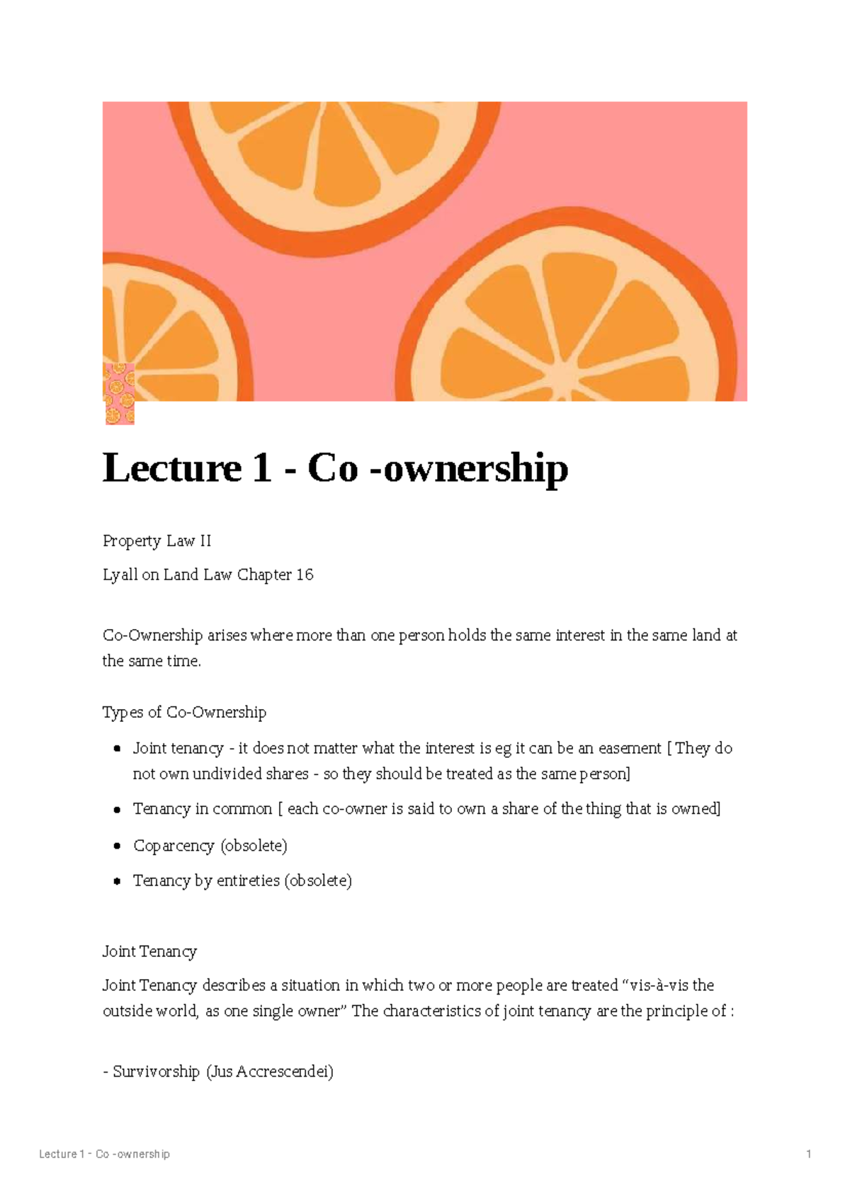 Lecture 1 Co-Ownership: Understanding Joint Tenancy and Tenancies in ...