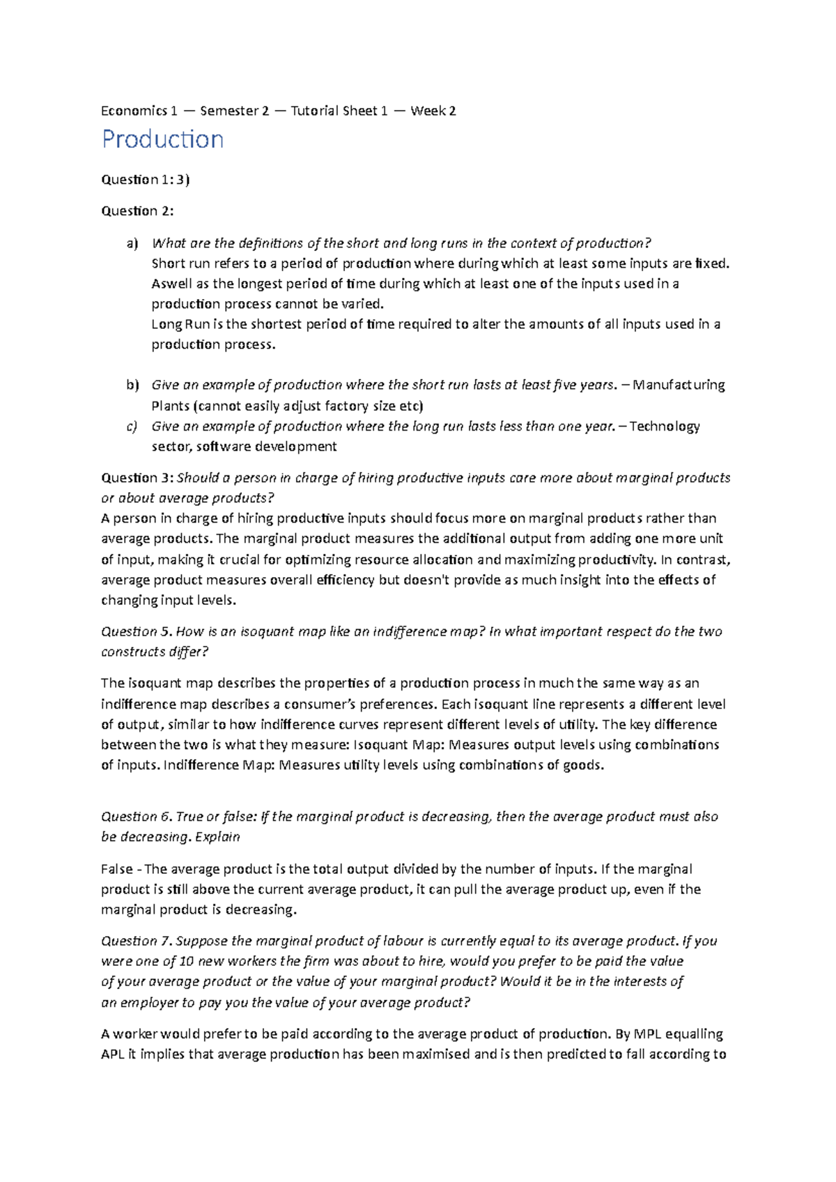 Economics 1 — Semester 2 — Tutorial Sheet 1 — Week 2 Explained - Studocu
