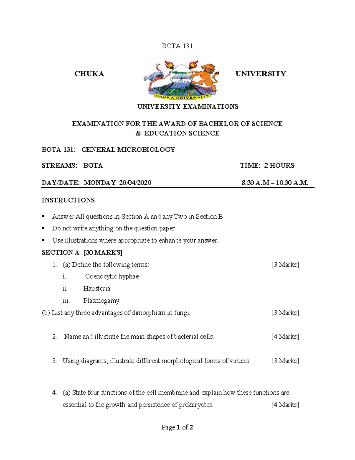 BOTA 131 (2) - Good for study - CHUKA EXAMINATION FOR THE AWARD OF ...