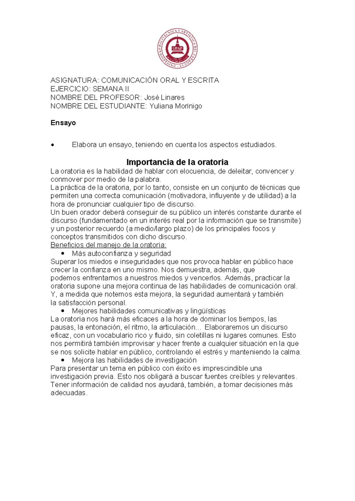Semana II: Ensayo sobre la Importancia de la Oratoria en Comunicación ...