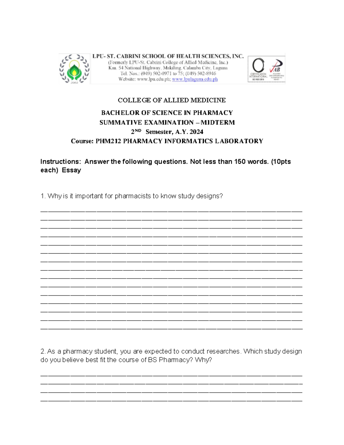 PHM212 Pharmacy Informatics Lab Midterm Exam Notes - Studocu