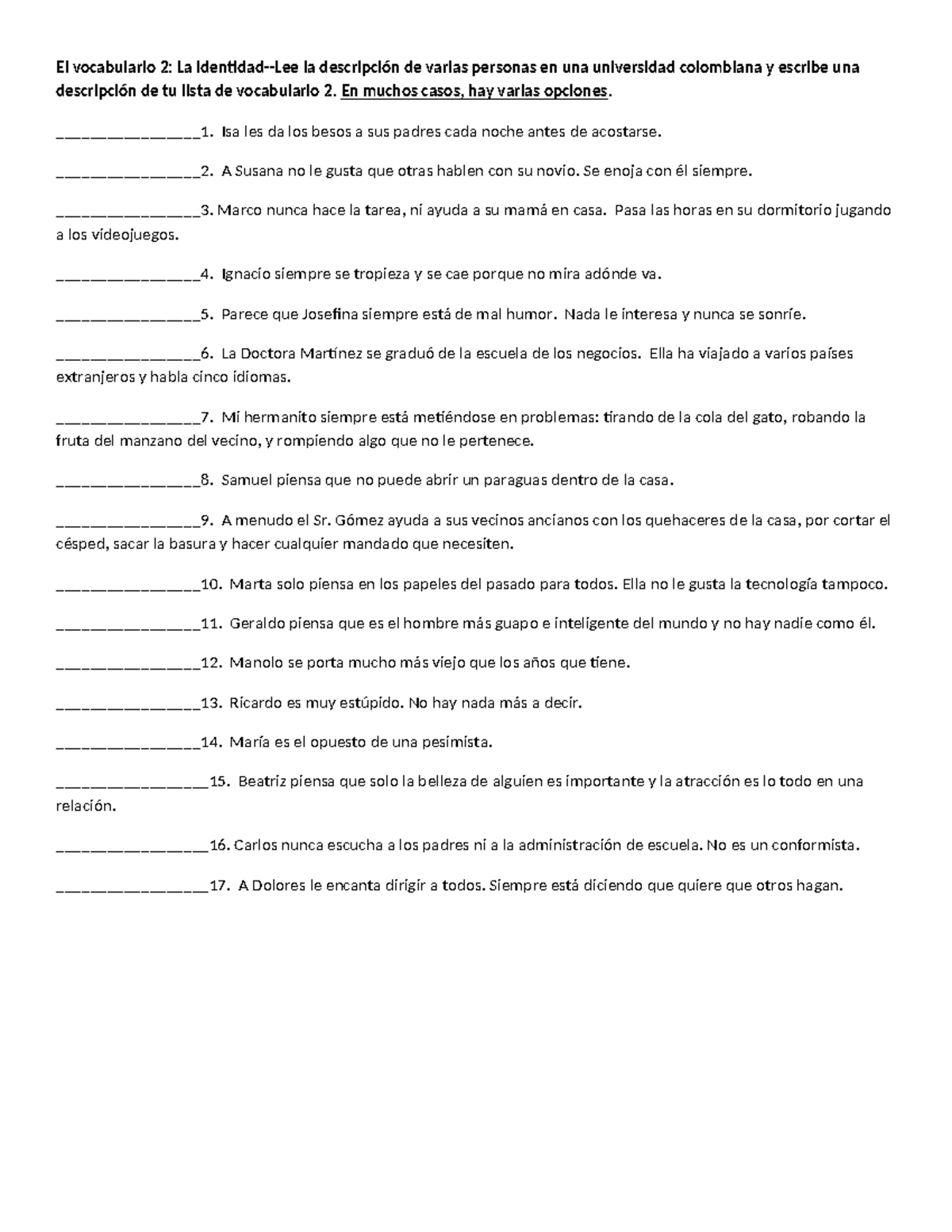 Tarea: Vocabulario 2 sobre Identidad y Descripciones Personales - Studocu